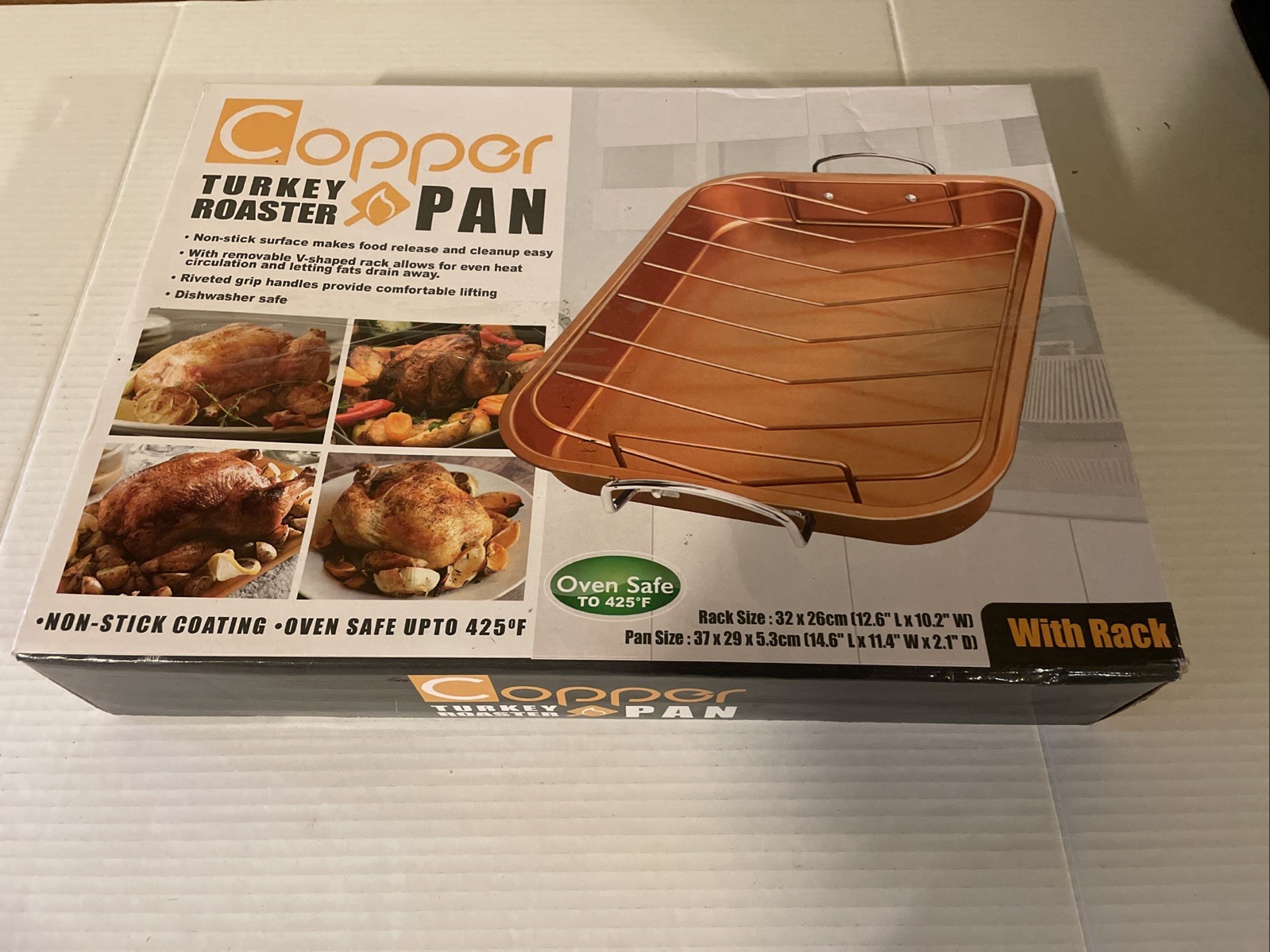 Copper Turkey Roaster Pan with Rack and Handles Non-Stick Dishwasher Safe