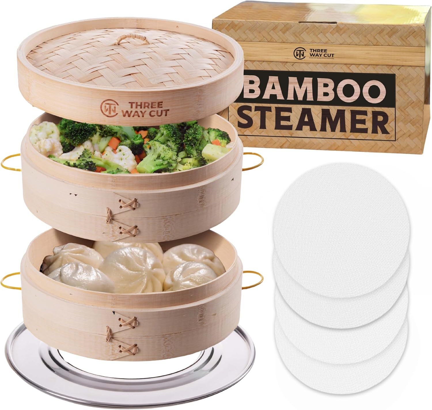 Bamboo Steamer 10 Inch 2 Tier Wooden Basket W/ Handle Ring Adapter Reusable