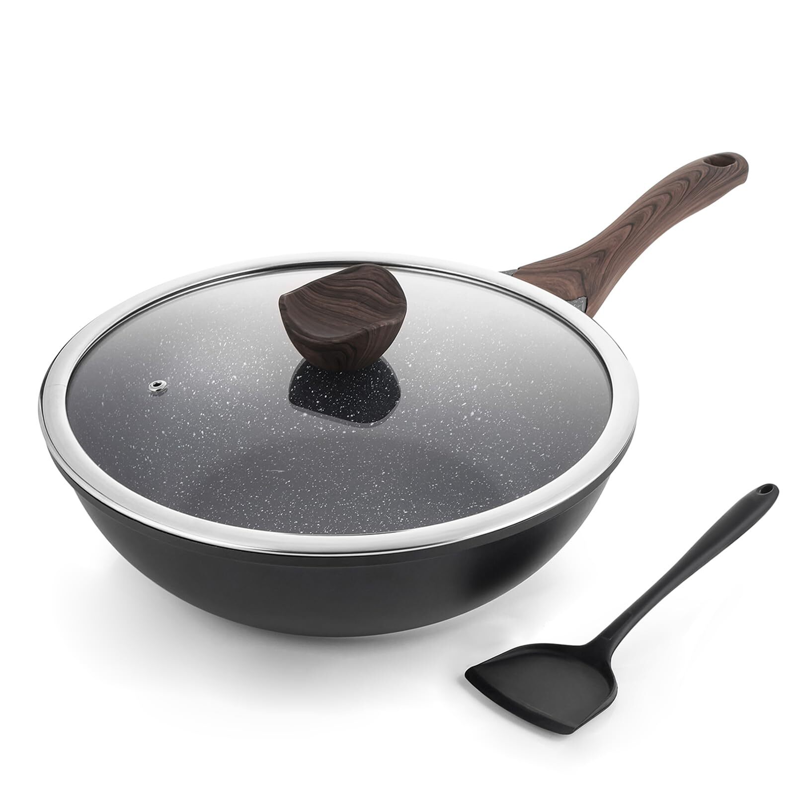 Nonstick Wok With Lid 12 Inch Woks & Stirfry Pans Granite Stone Coating For Cook