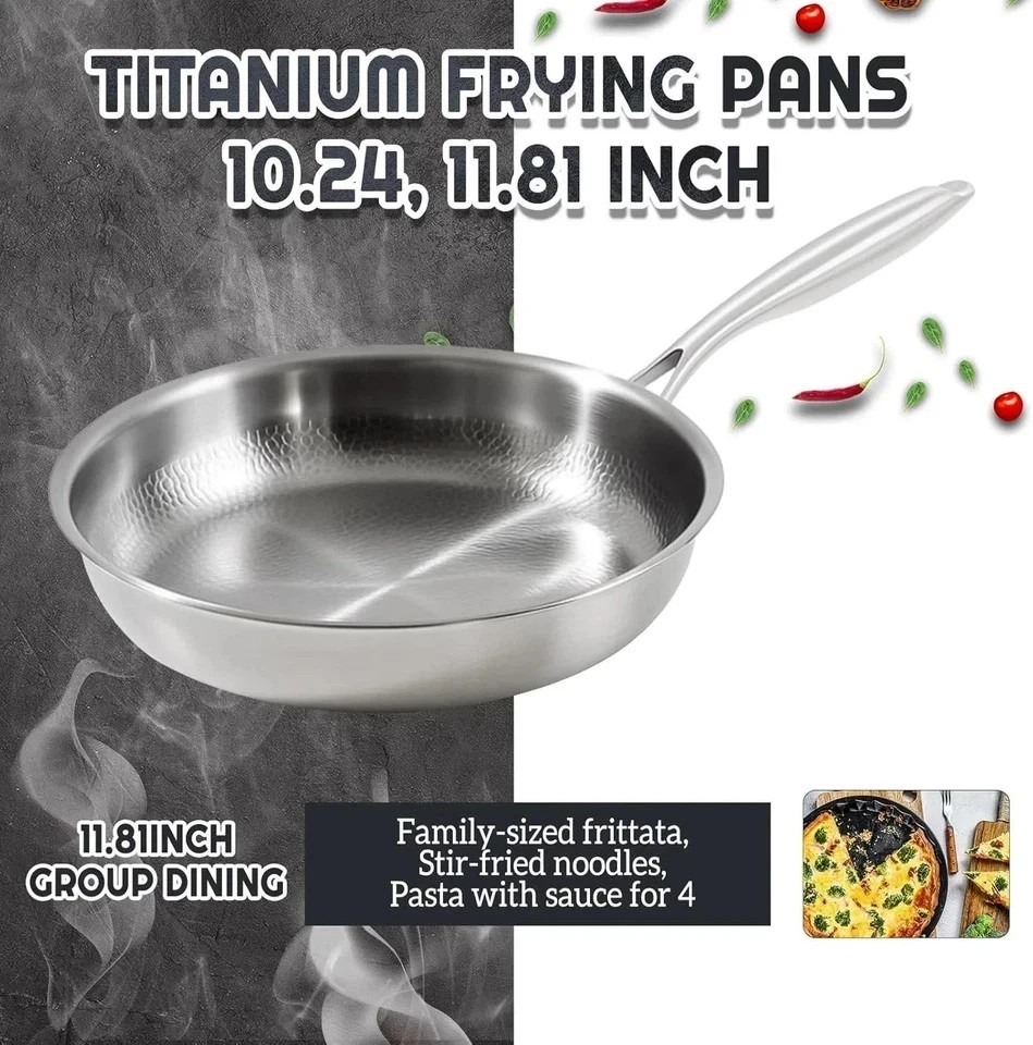 Pure Titanium Hammered Frying Pan with Lid, 12 Inch Skillet, No Coating Cookw…