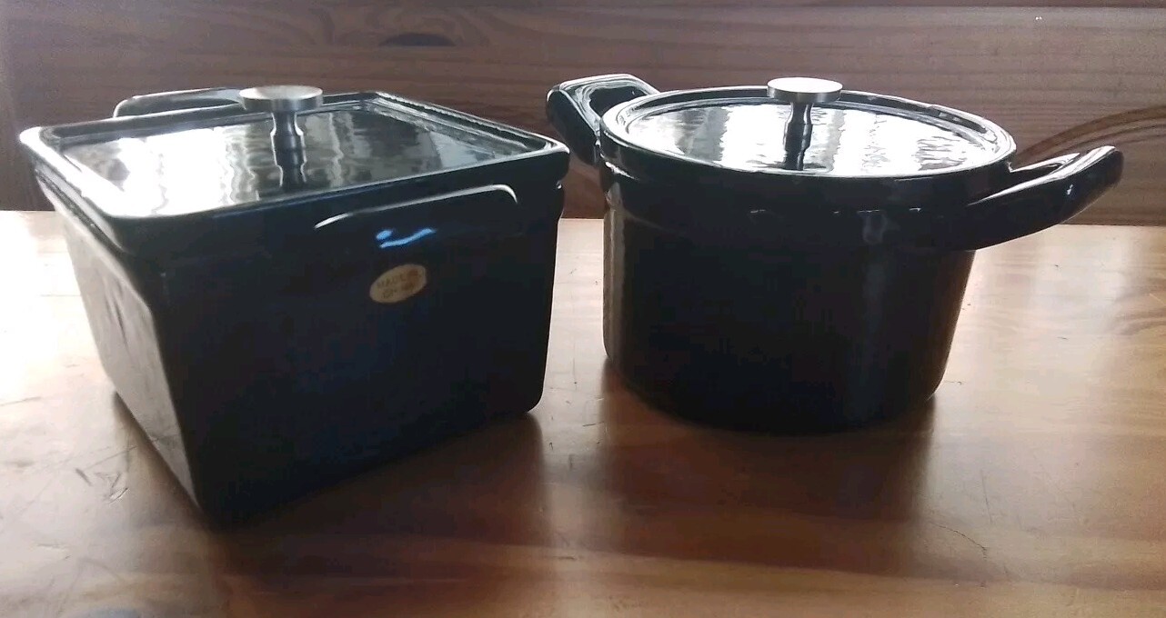 Rare Technique 4 Piece Mini Black Enameled Cast Iron Cooking Pots No Box