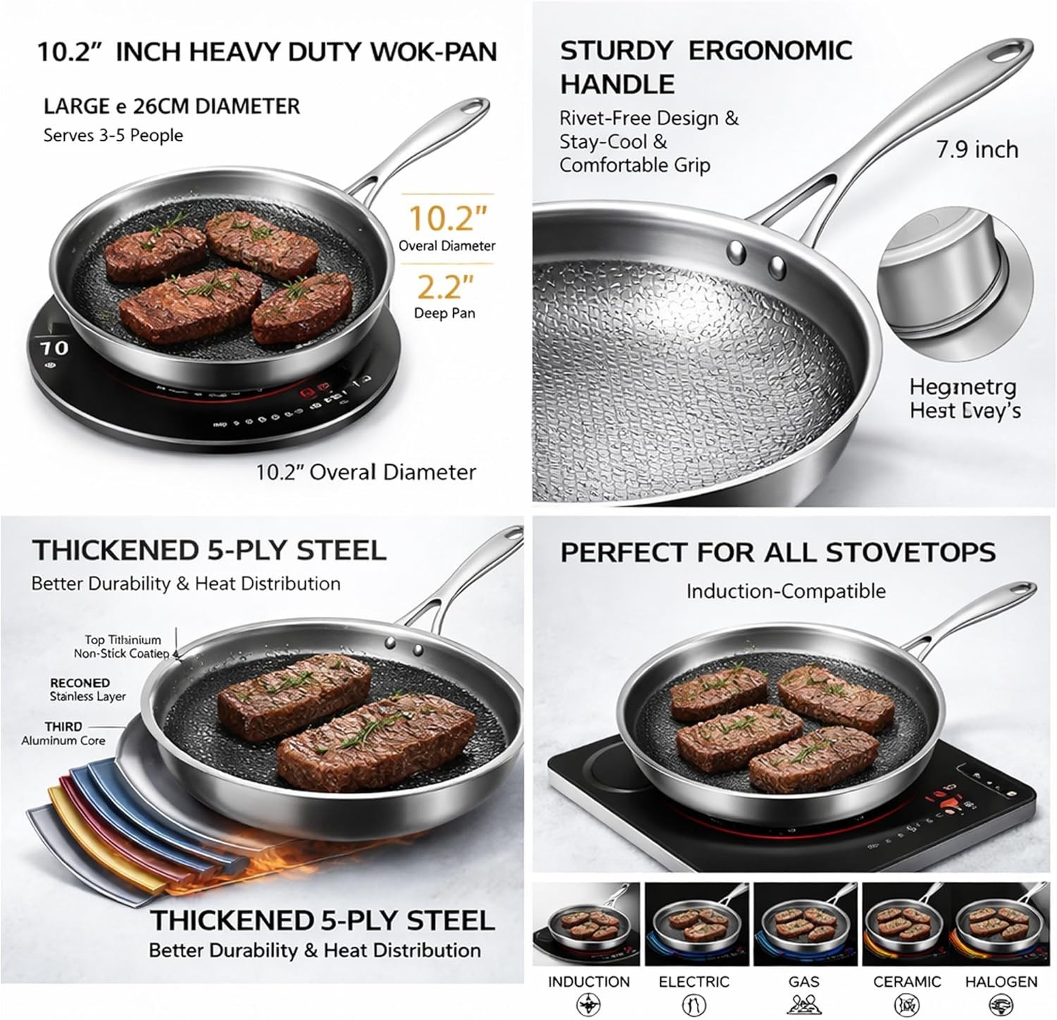 Pure Titanium Hammered Frying Pan with Lid, 10 Inch No Coating Skillet, Scratch