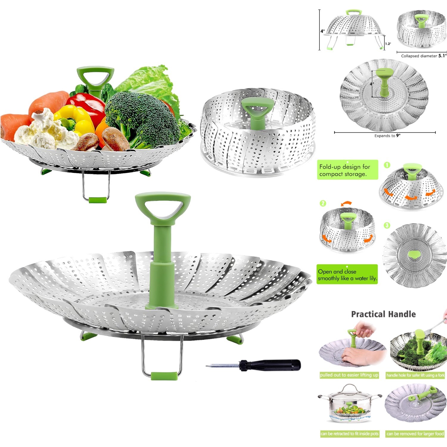 Stainless Steel Vegetable Steamer Basket Expandable Foldable Food Steam Insert