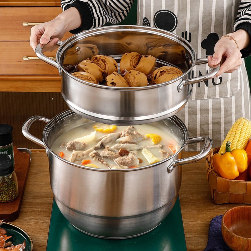 3 Tier Stainless Steel Steamer Cooker Steam Pot Kitchen Food Cooking + Glass Lid