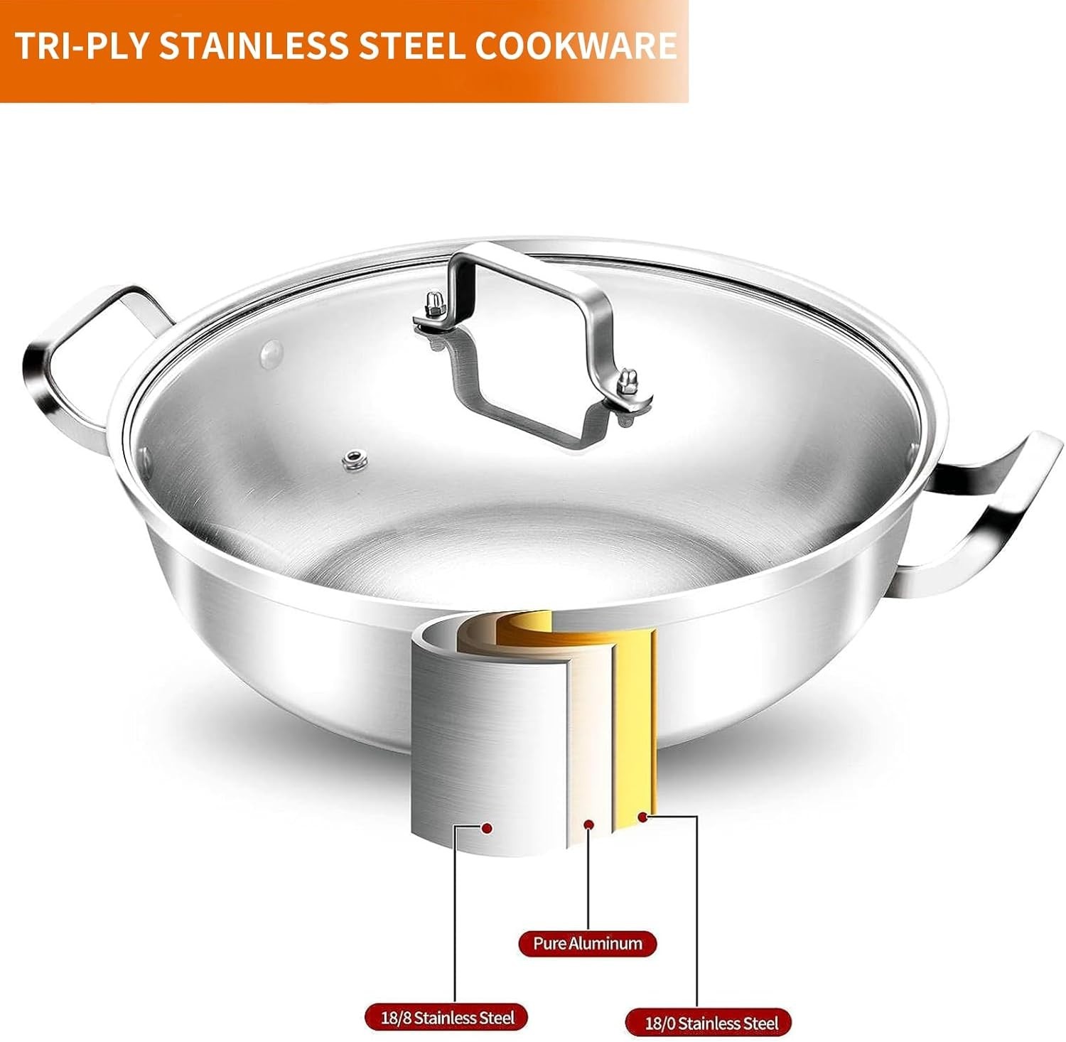 Sarten 11 pulgadas 3 capas acero de inoxidable 35QT con tapa apta induccion