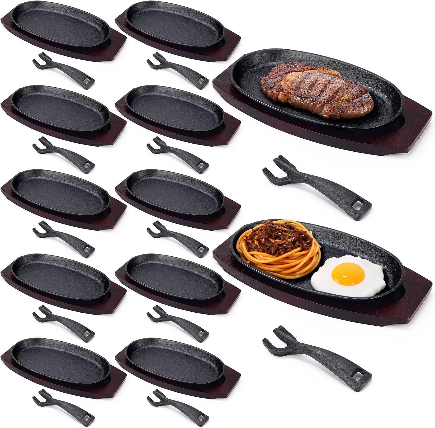 12 Pieces Cast Iron Fajita Skillet Pan Set Sizzling Steak Plate with Wooden Base