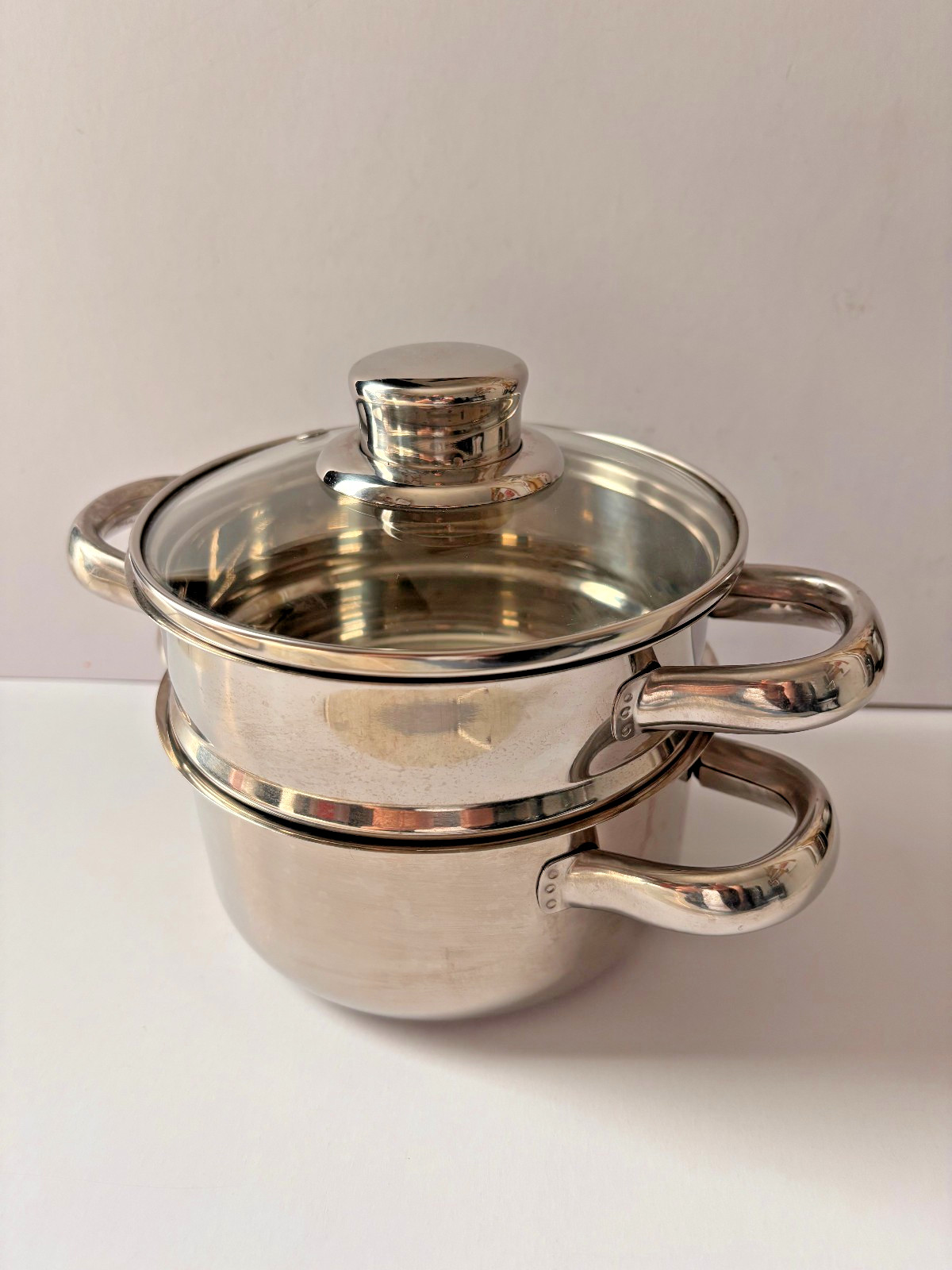 Stainless Steel 18/10 Steamer Pot Set 3pc Inox Rostfrei Glass Lid Strainer