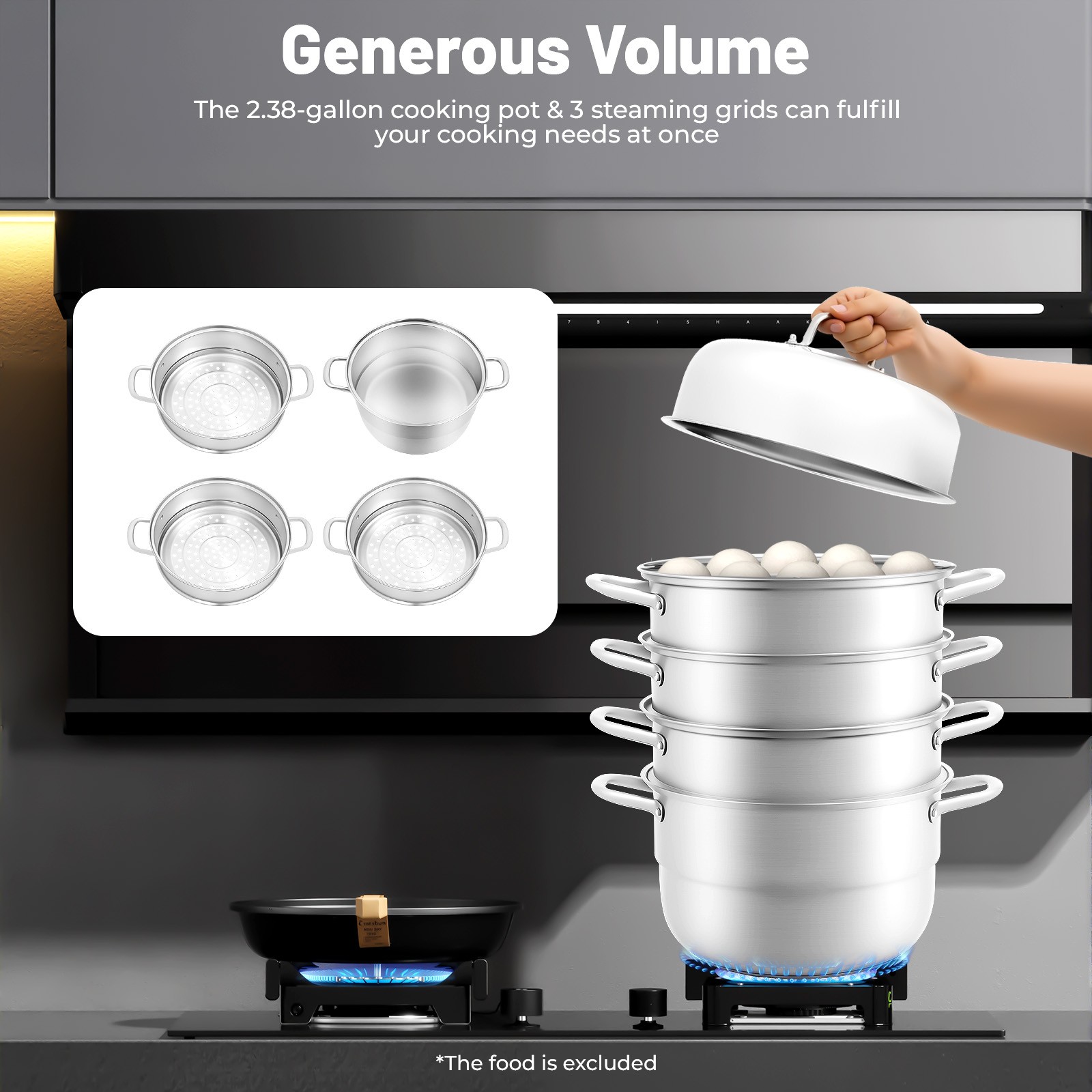 Stackable Stainless Steel Steamer Cooker Pot Glass Lid 5 Layers Large Capacity