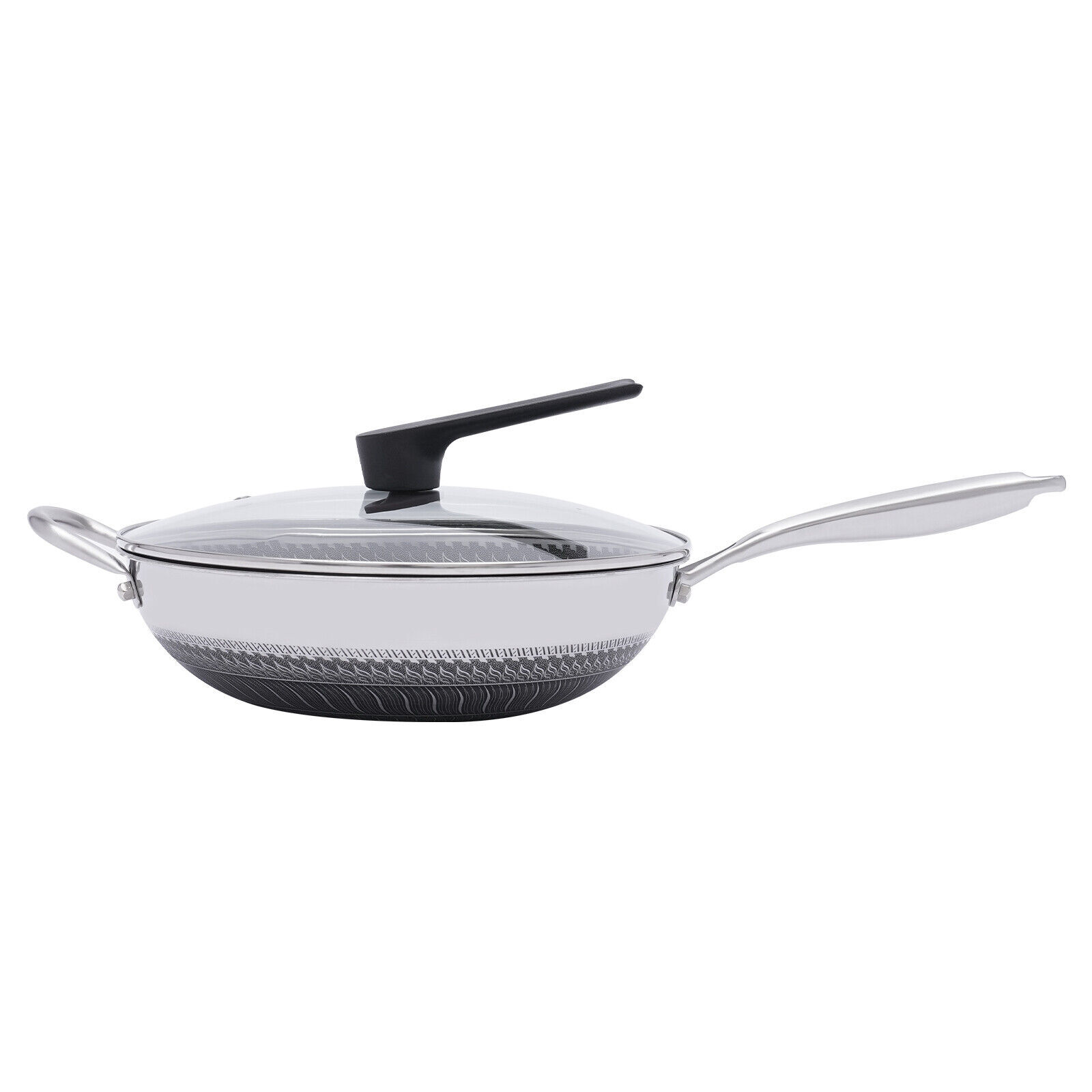 Non Stick Double Sided Honeycomb Cooking Frying Wok Pan with Lid Stainless Steel