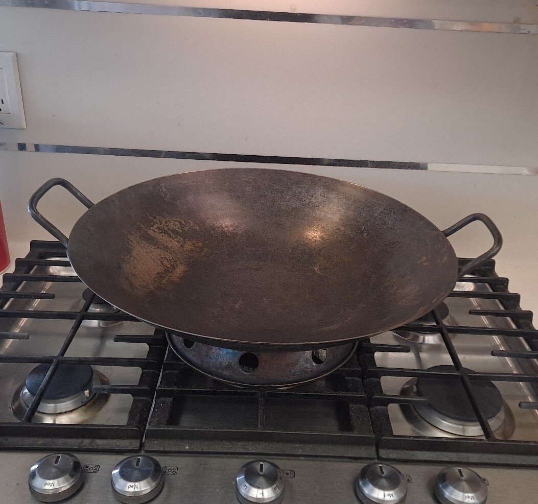 Vintage Commercial Carbon Steel Wok Chinese 17.5″ Welded Handle Industrial Lid
