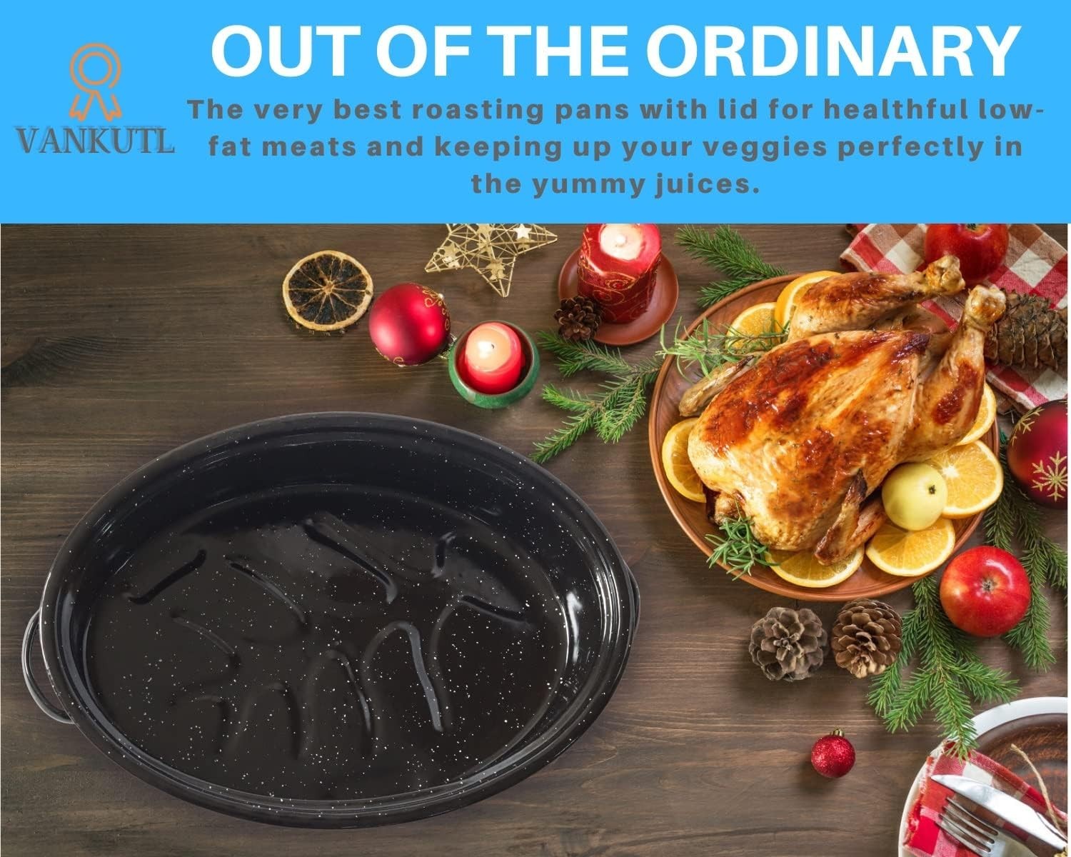 16In Roasting Pan with Lid, Covered Oval Roaster,Enamel Carbon Steel Roaster Pot