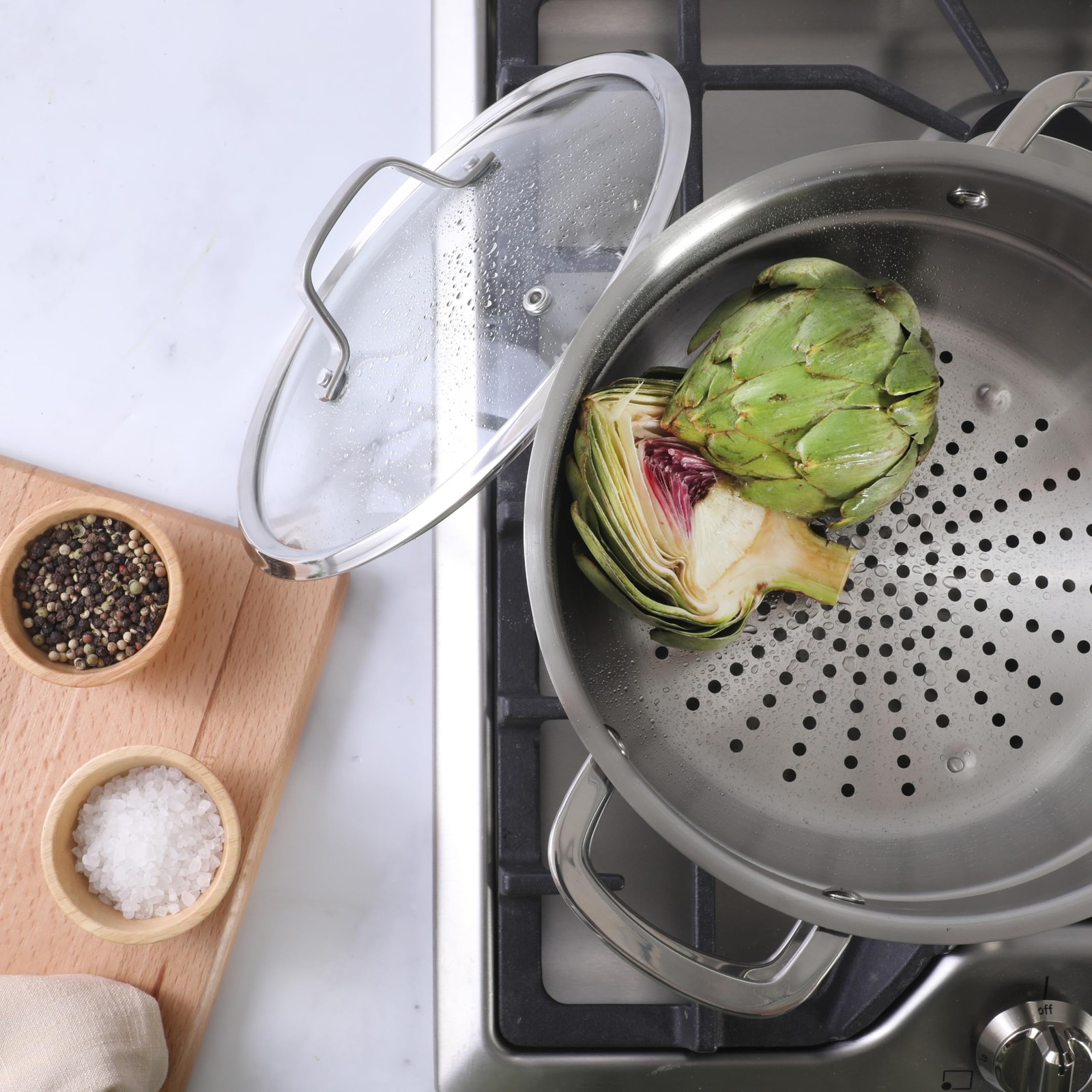 Sur La Table Chef’s Deck 3-Pc 5.3Qt Stainless Dutch Oven Steamer Glass Lid
