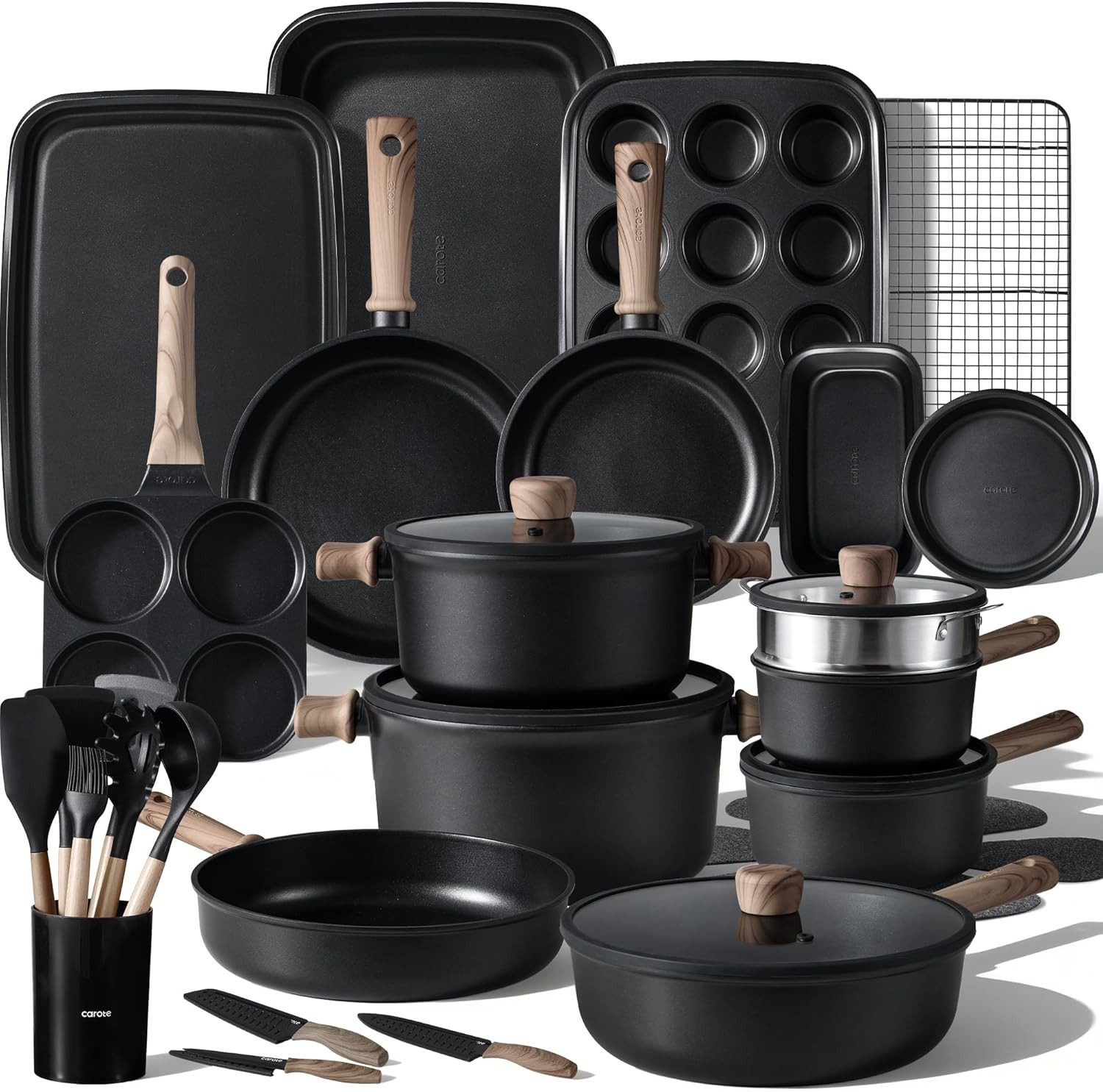 44Pcs Nonstick Titanium Cookware Set – Induction Pots & Pans, Black