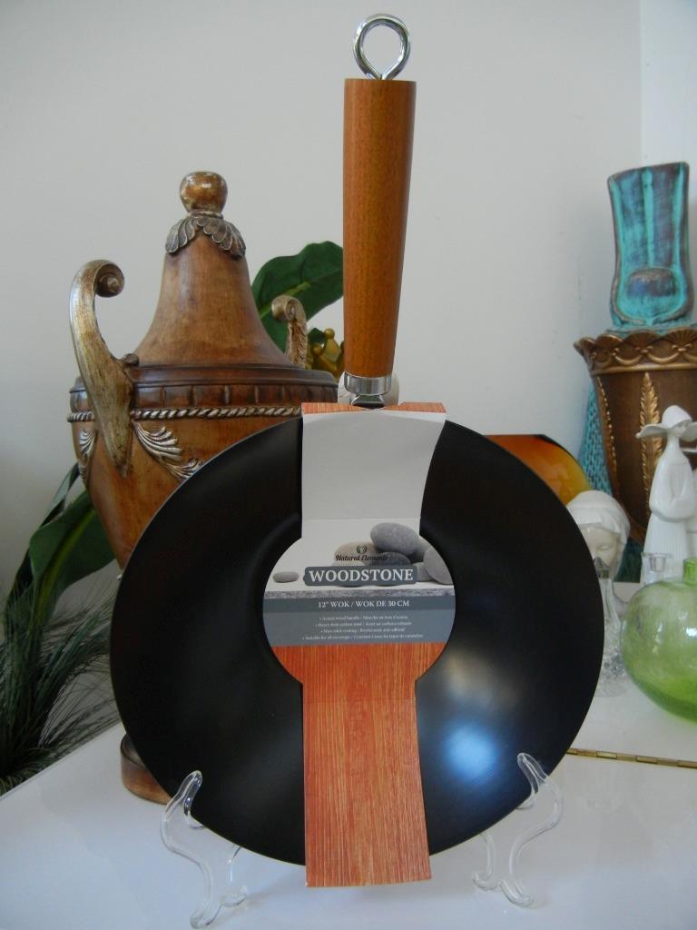 NATURAL ELEMENTS WOODSTONE BLACK 12″ NON-STICK HEAVY DUTY CARBON STEEL WOK NEW