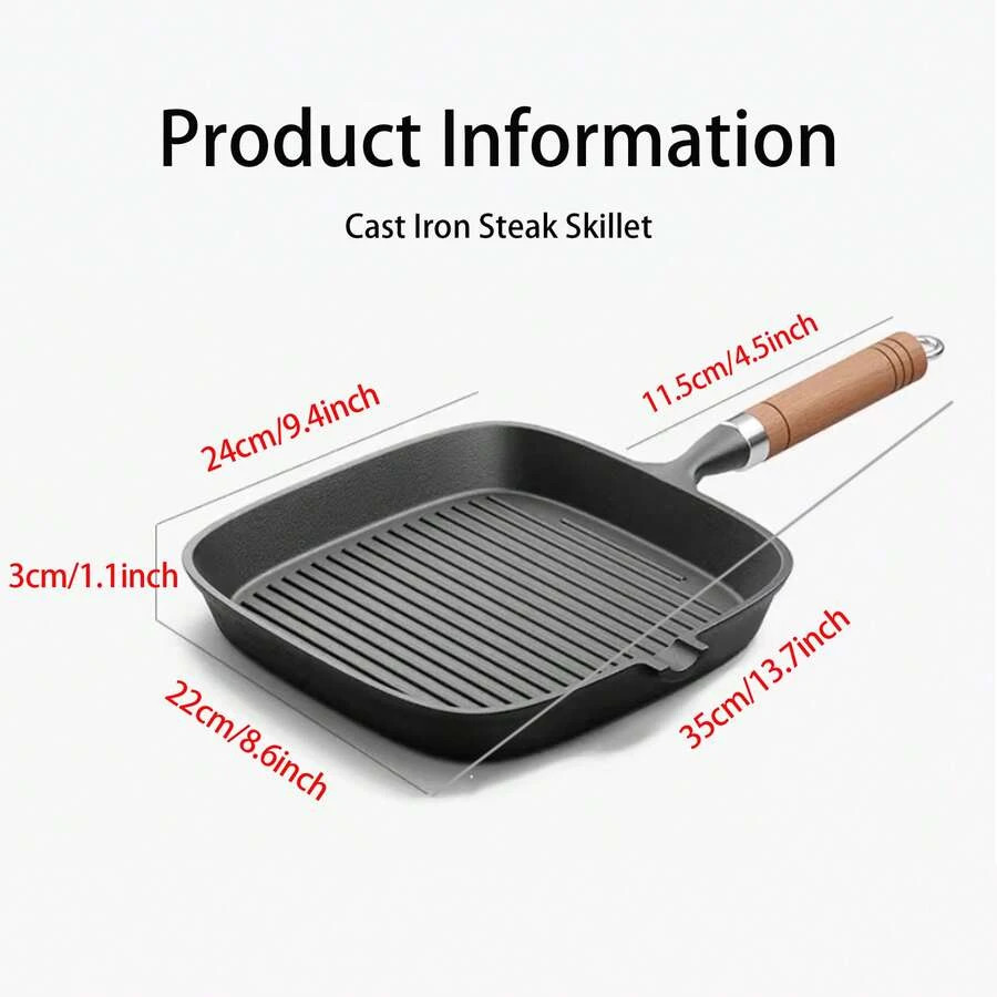 Cast Iron Grill Pan Steak Frying Skillet Wooden Handle BBQ Camping Kitchen