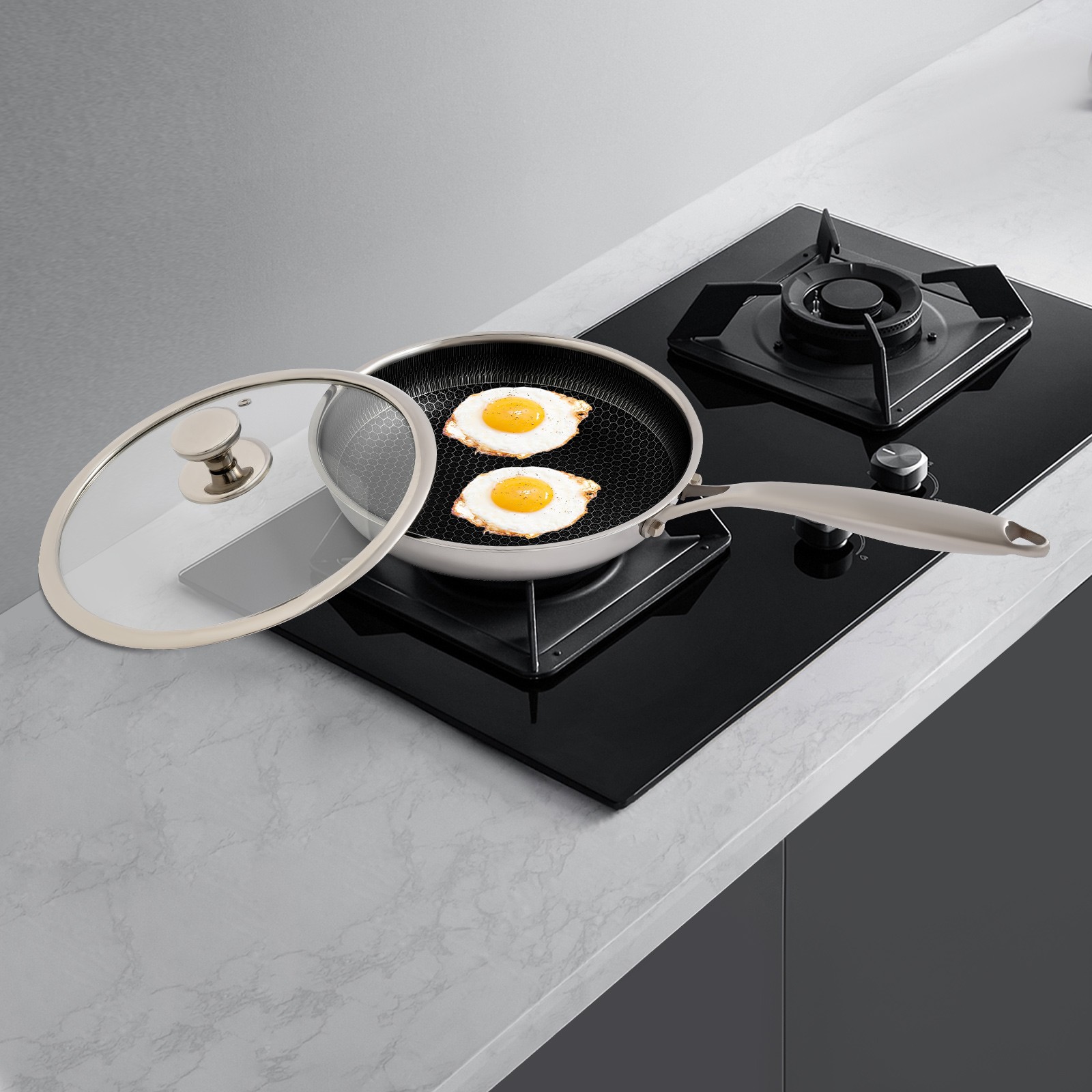 Stainless Steel Frying Pan, Frying Pan [316 Double-sided Full Screen+glass Cover