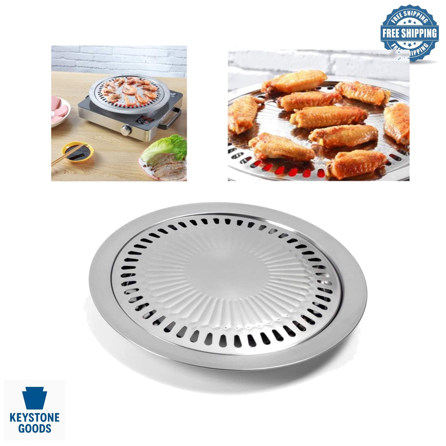 10-Inch Stainless Steel Korean BBQ Grill Pan with Smokeless Indoor Outdoor Use