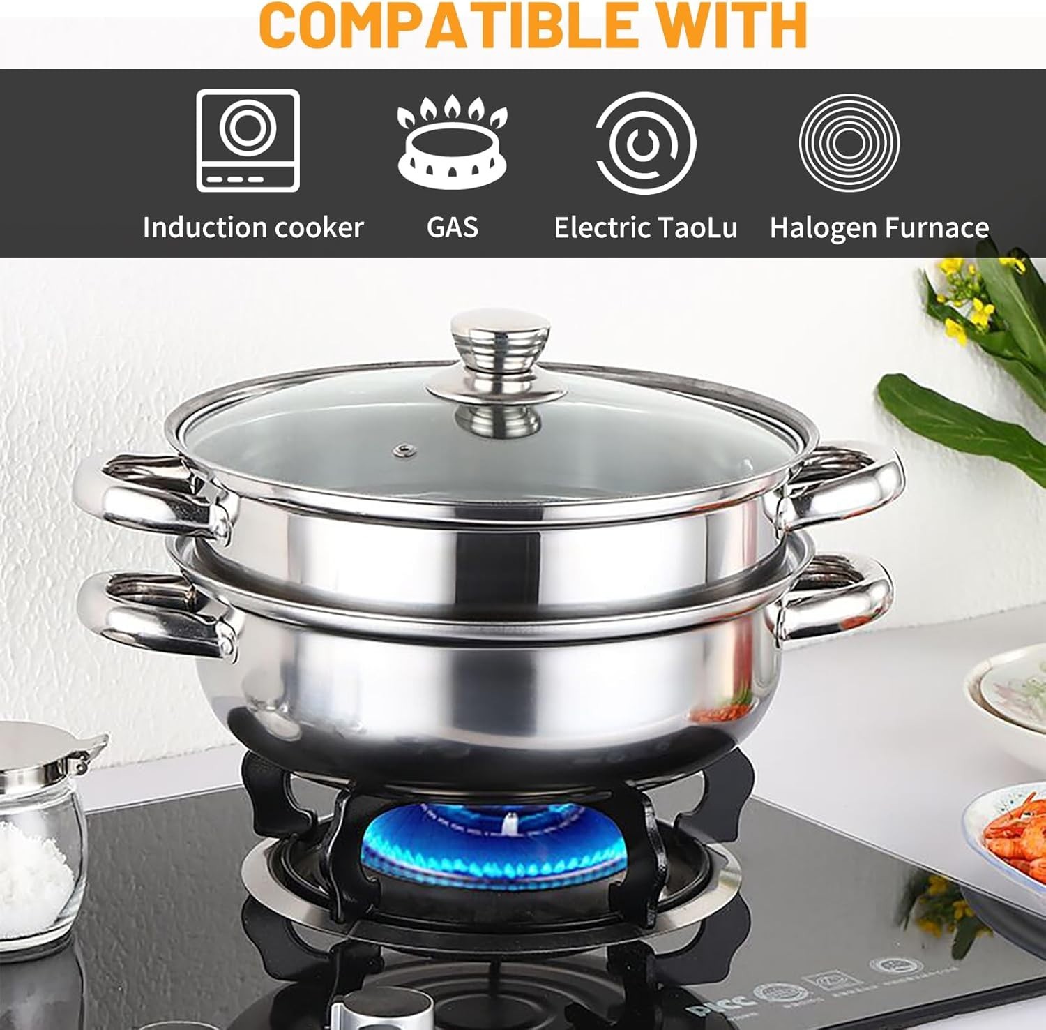 2-Tier 28cm 304 Stainless Steel Steamer Pot with Glass Lid,for Dumplings, Sea…