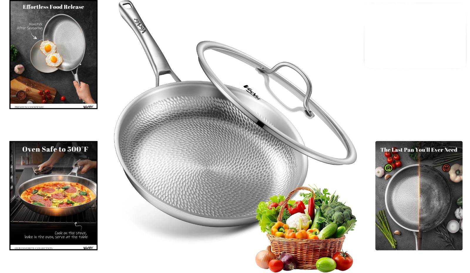 VocVoi Titanium Pan 12 Inch Hammered Frying Pan With Lid Induction