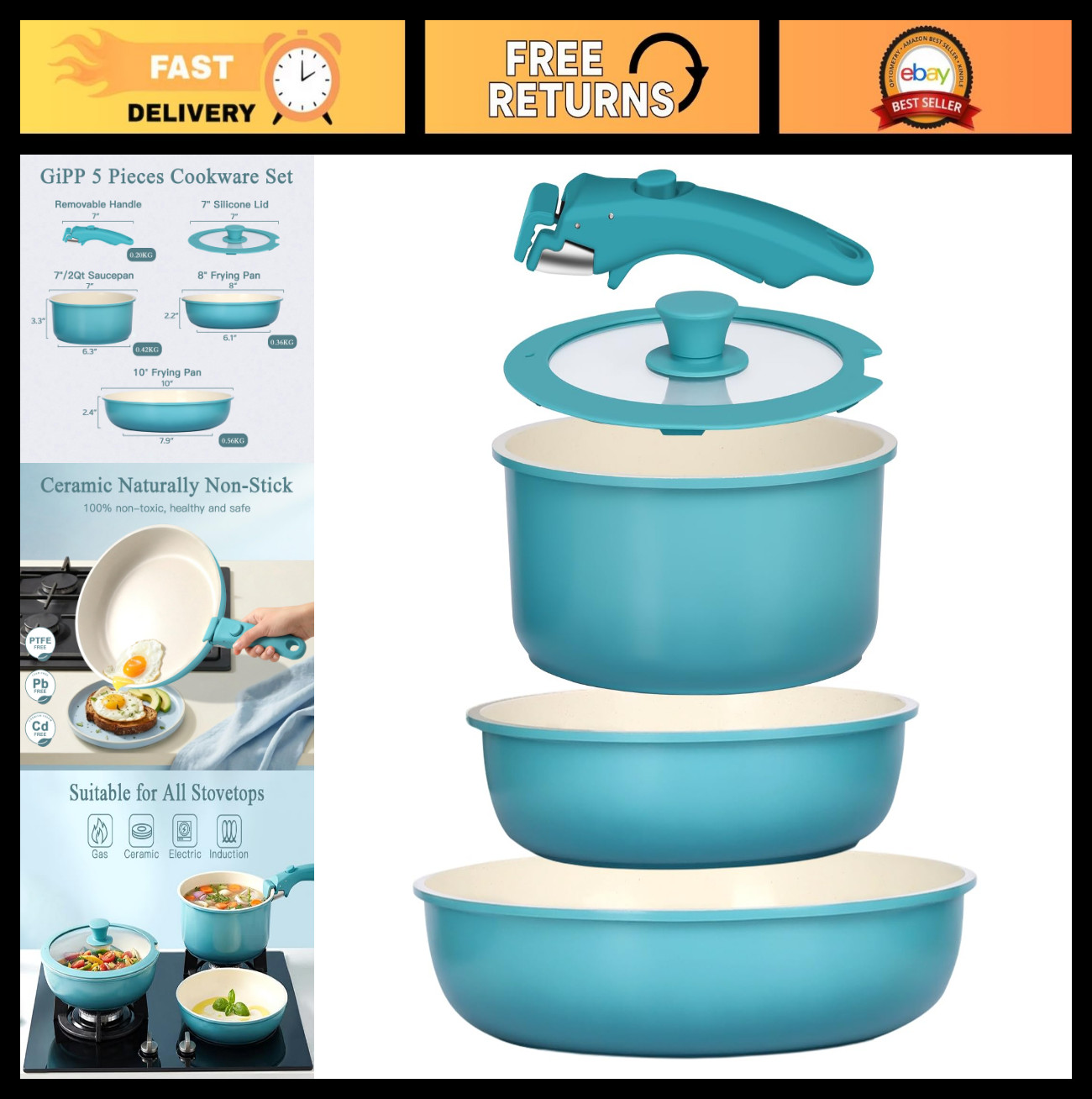 5pcs Nonstick Cookware Set with Detachable Handle, Ceramic Pots for All Stoves,