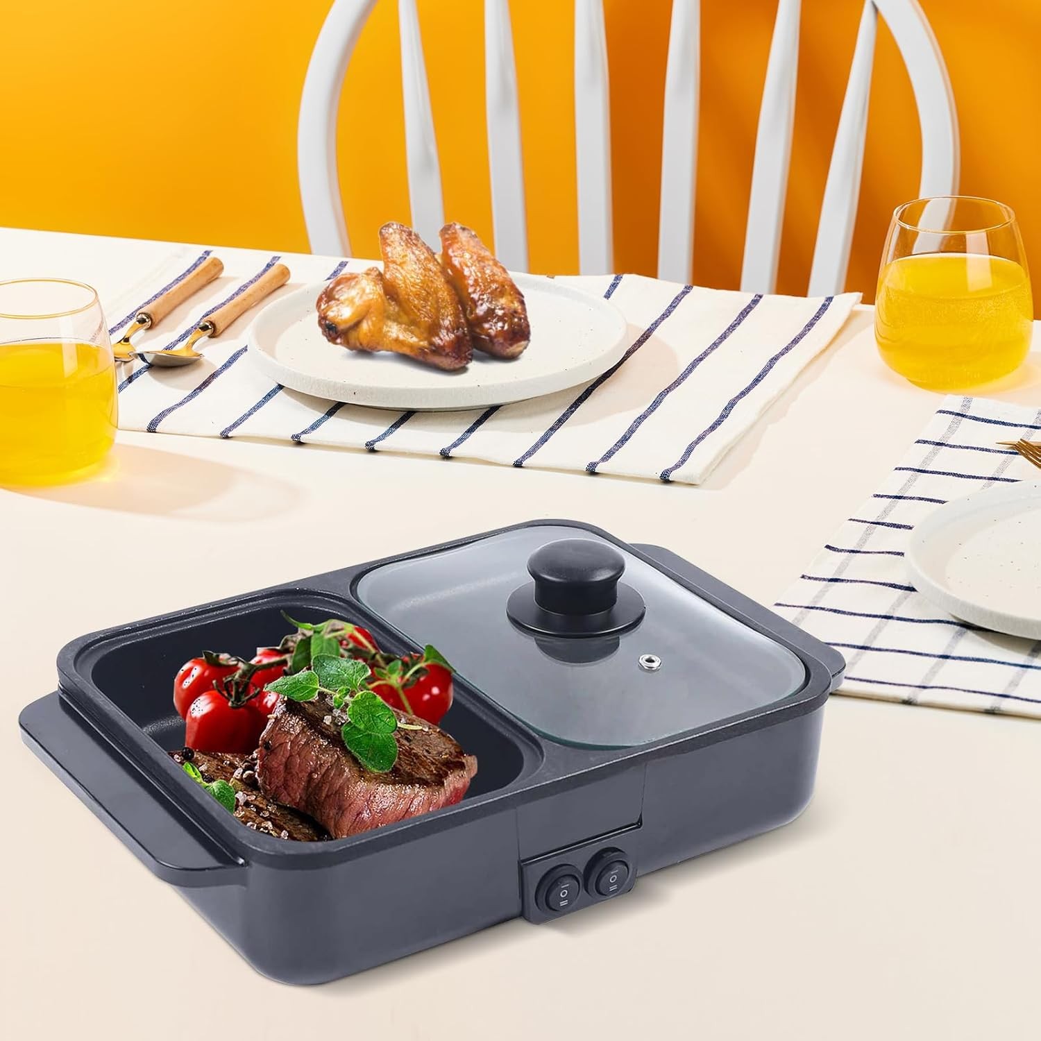 Portable Electric Hot Pot Grill Smokeless BBQ Non-Stick Shabu Cooking Pan 11in L