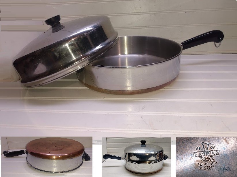 Revere Ware 12″ Chicken Fryer Skillet Copper Clad Stainless 5 Qt Saute Pan & Lid