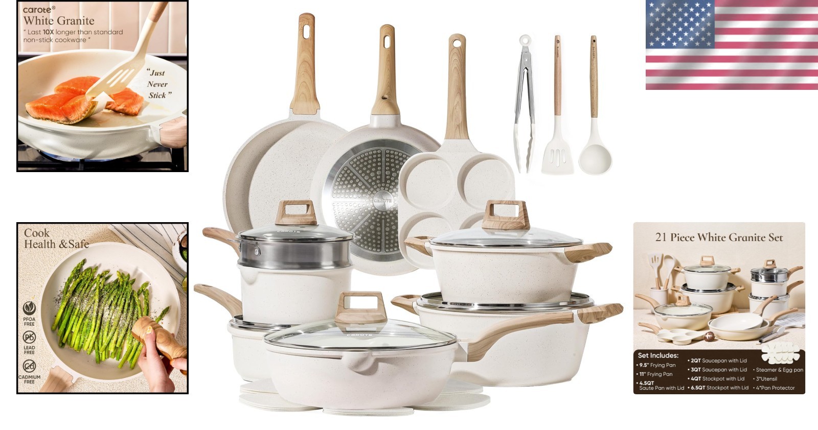 21-Piece White Granite Nonstick Cooking Set – Perfect for Induction Stovetops