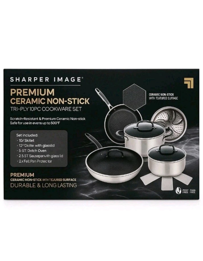 Sharper image Premium Cookware set 10pc ceramic non stick Tri-ply Stainless New