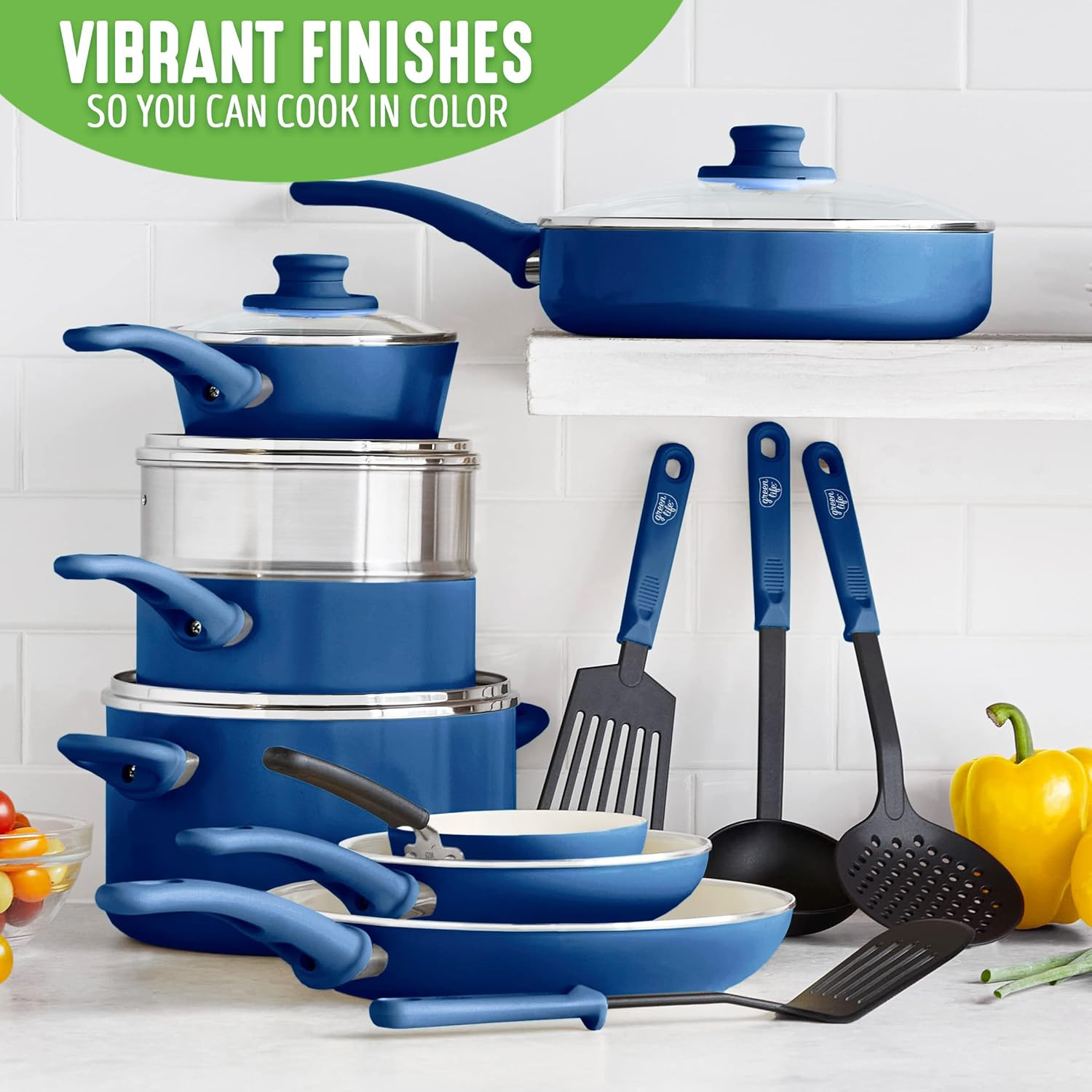 16-Piece Ceramic Nonstick Cookware Set & Frying Pan Set, Blue