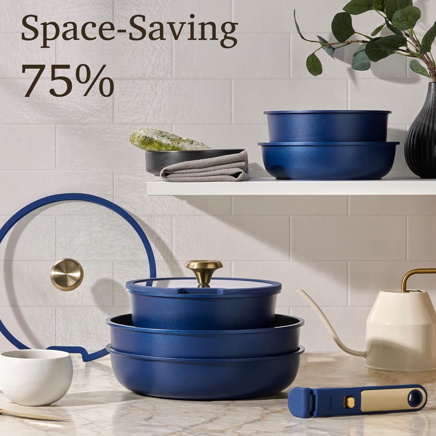 CAROTE Blue&Gold Ceramic Cookware Set Non Toxic, PFAS Free,15Pcs Pots and Pans S