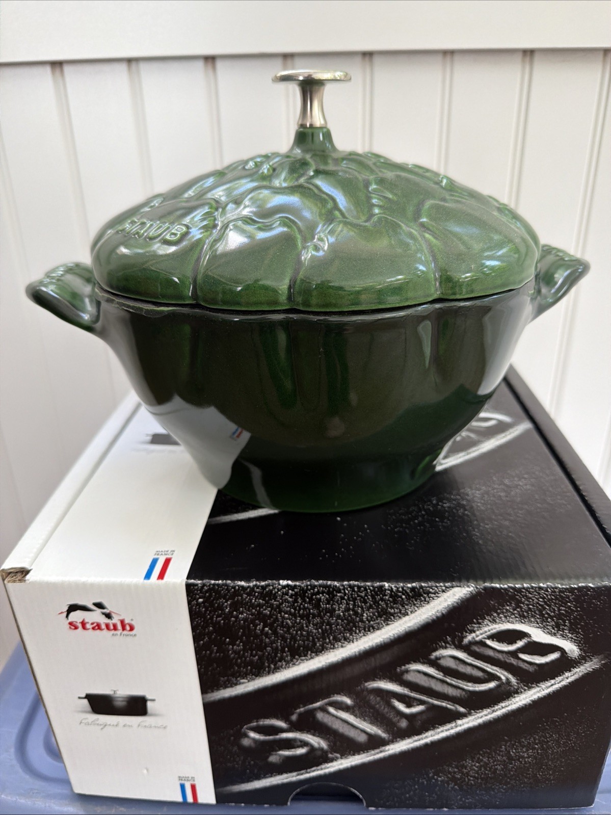 NEW DAMAGED Staub Cast Iron 3qt Artichoke Cocotte Basil Pot w/ lid second chance