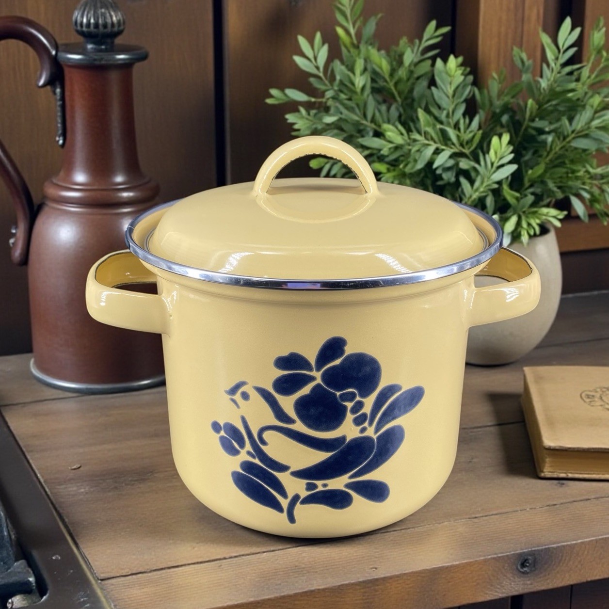 Vtg 80s Pfaltzgraff Folk Art Stock Pot Metal Bird Double Handle Enamel 1.75 Qt