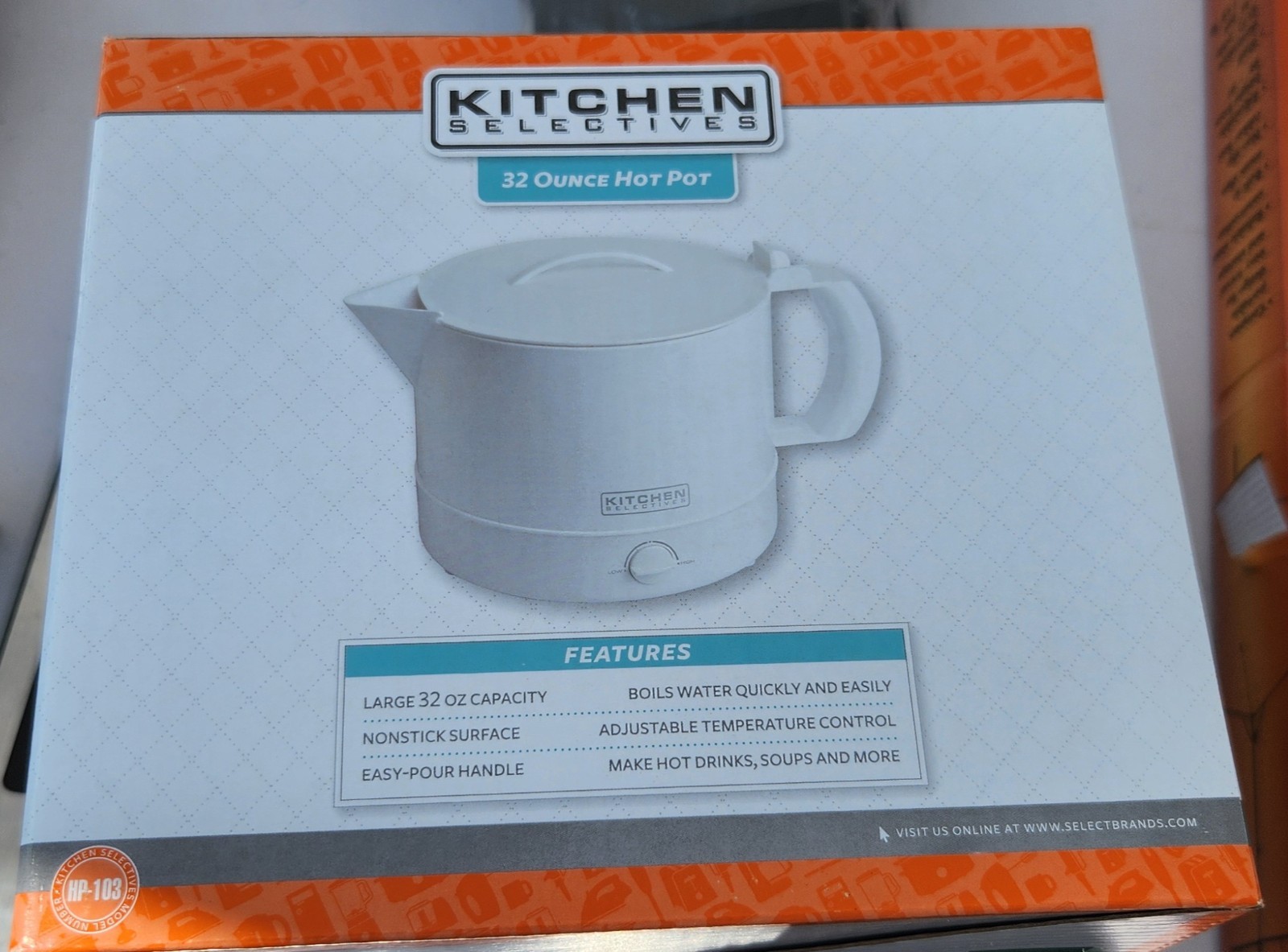 Kitchen Selectives 32oz Electric Hot Pot Non-Stick Adj Temp White HP-103