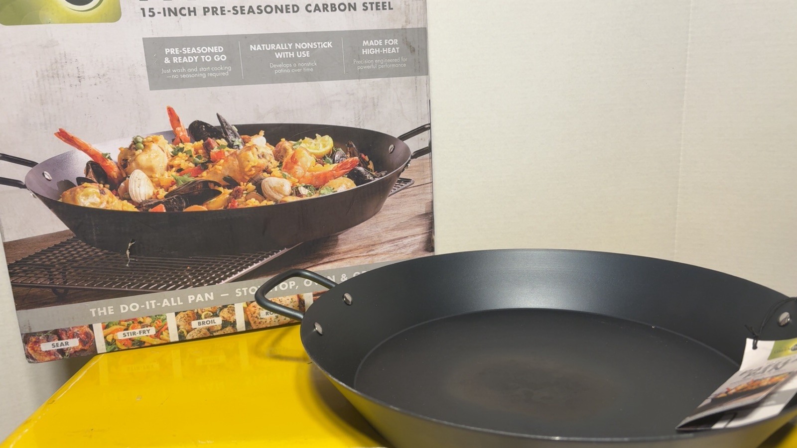 GreenPan 15” Pre-Seasoned Carbon Steel Paella Pan Stovetop Oven Ready Cookware