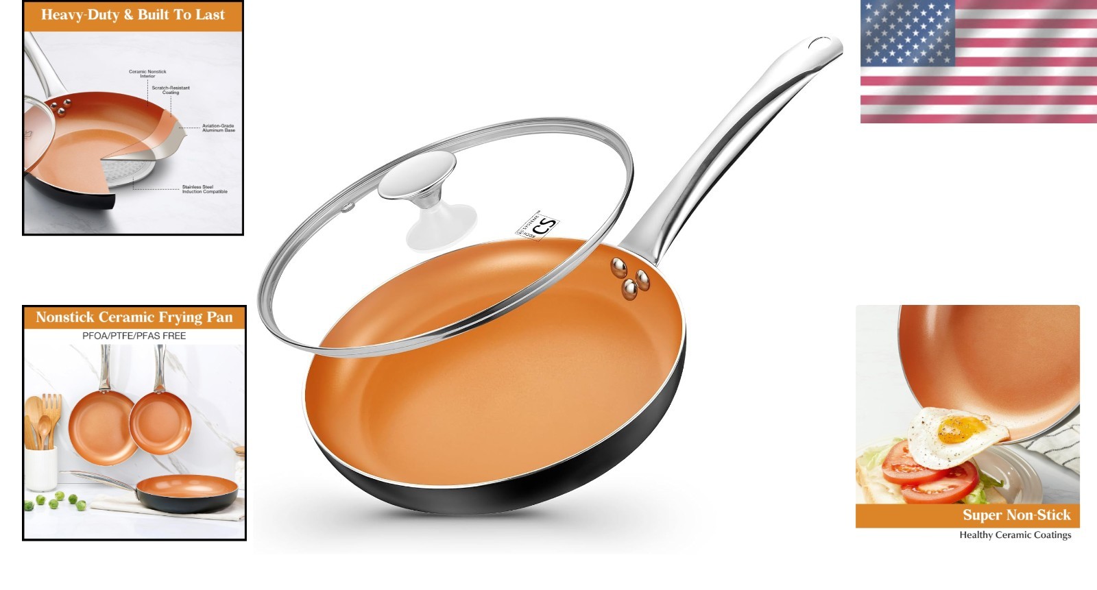 10-Inch Copper Nonstick Frying Pan with Glass Lid & Titanium Coating, PFOA-Free