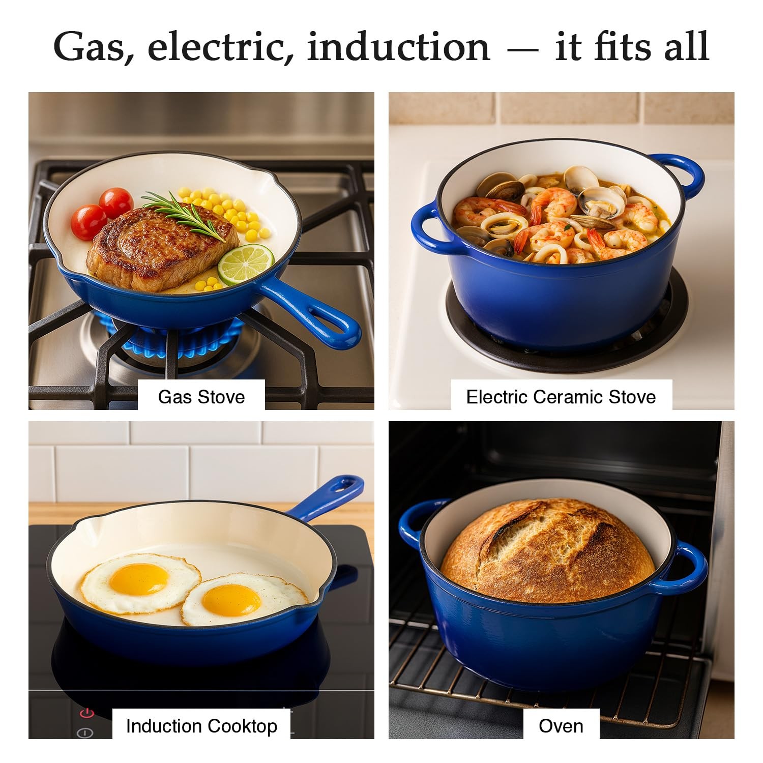 Enameled Cast Iron Cookware Set, 4-Pcs Oven Safe up to 500°F – Versatile Cooking