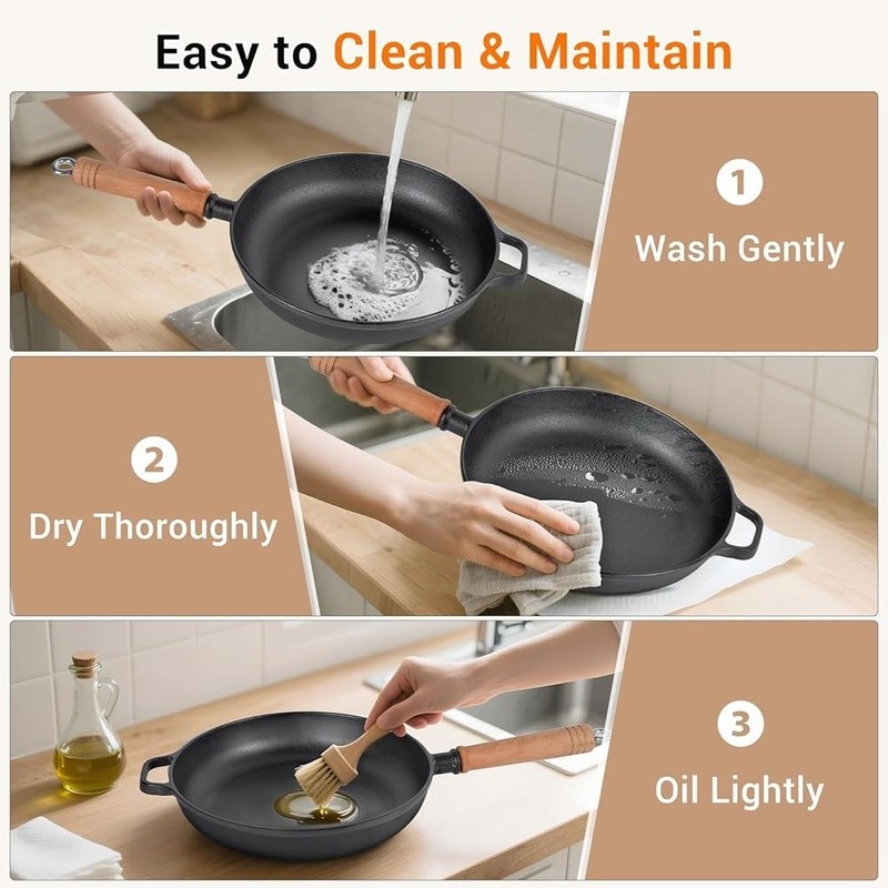 Cast Iron Skillet Nonstick W/ Glass Lid Detachable Handle Oven Safe Cooking Pan