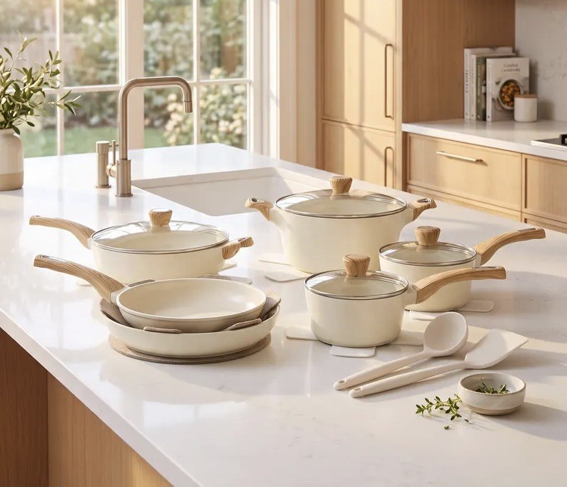 Set of 12 Beige Pot Pan Set Nonstick Kitchen Cookware Set with Detachable Handle