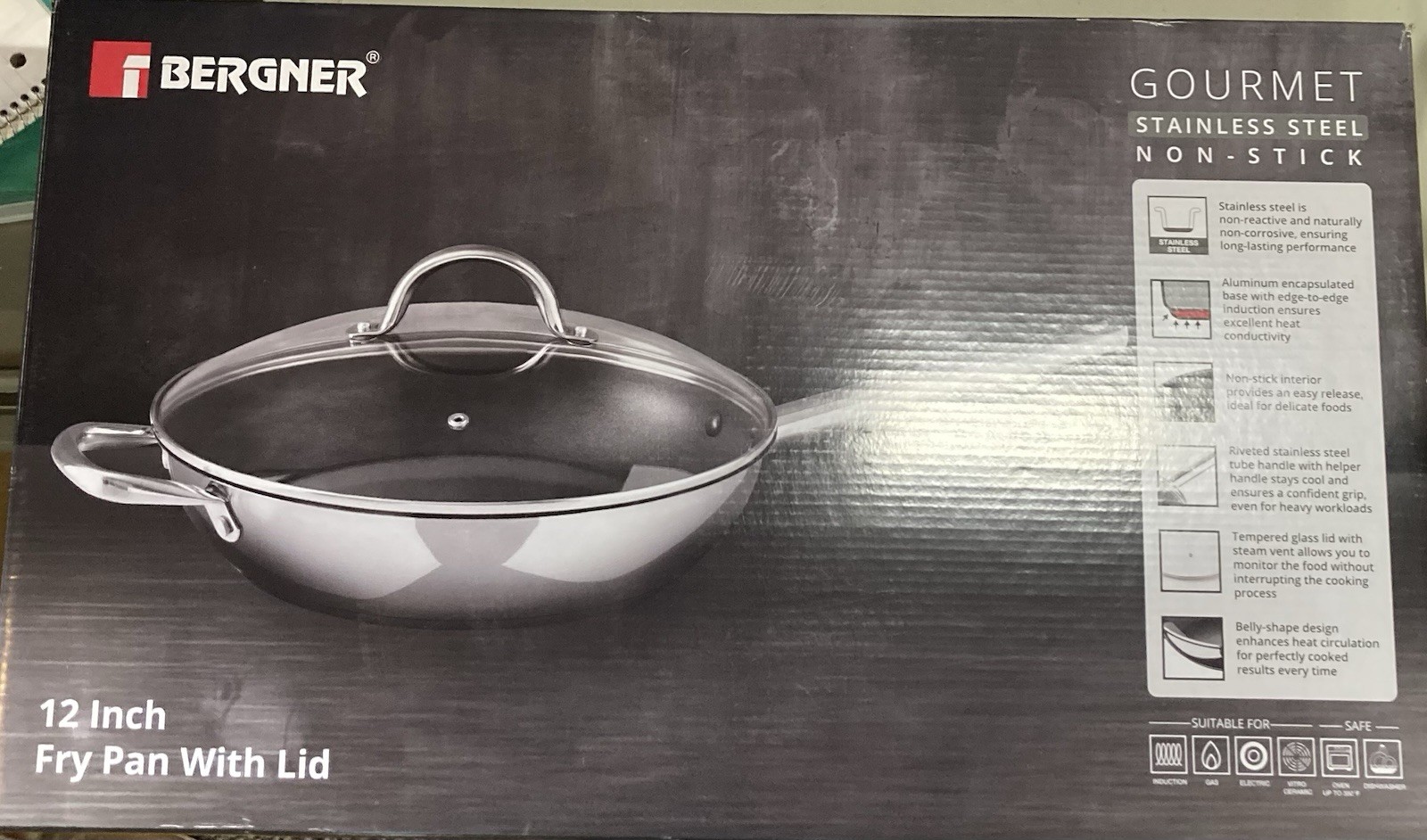 Bergner Gourmet Stainless Steel 12″ Fry Pan Vented Glass Lid Non Stick Interior