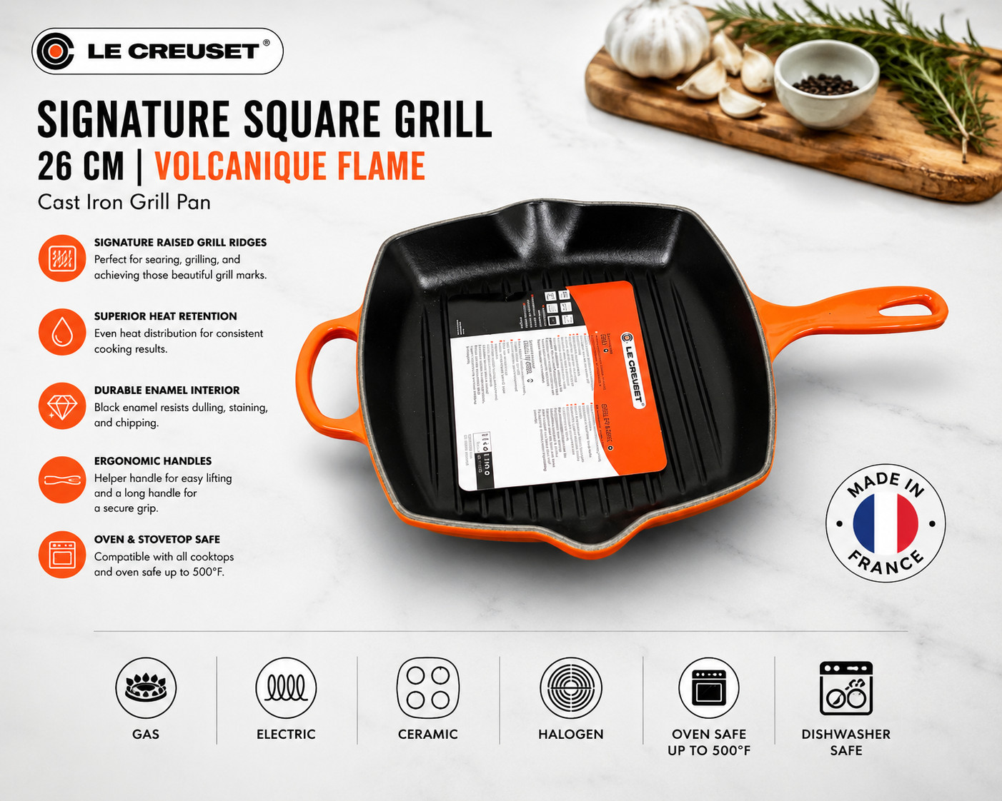 Le Creuset Signature Square Skillet Grill — 10.25″ (26 cm) | Volcanique Flame