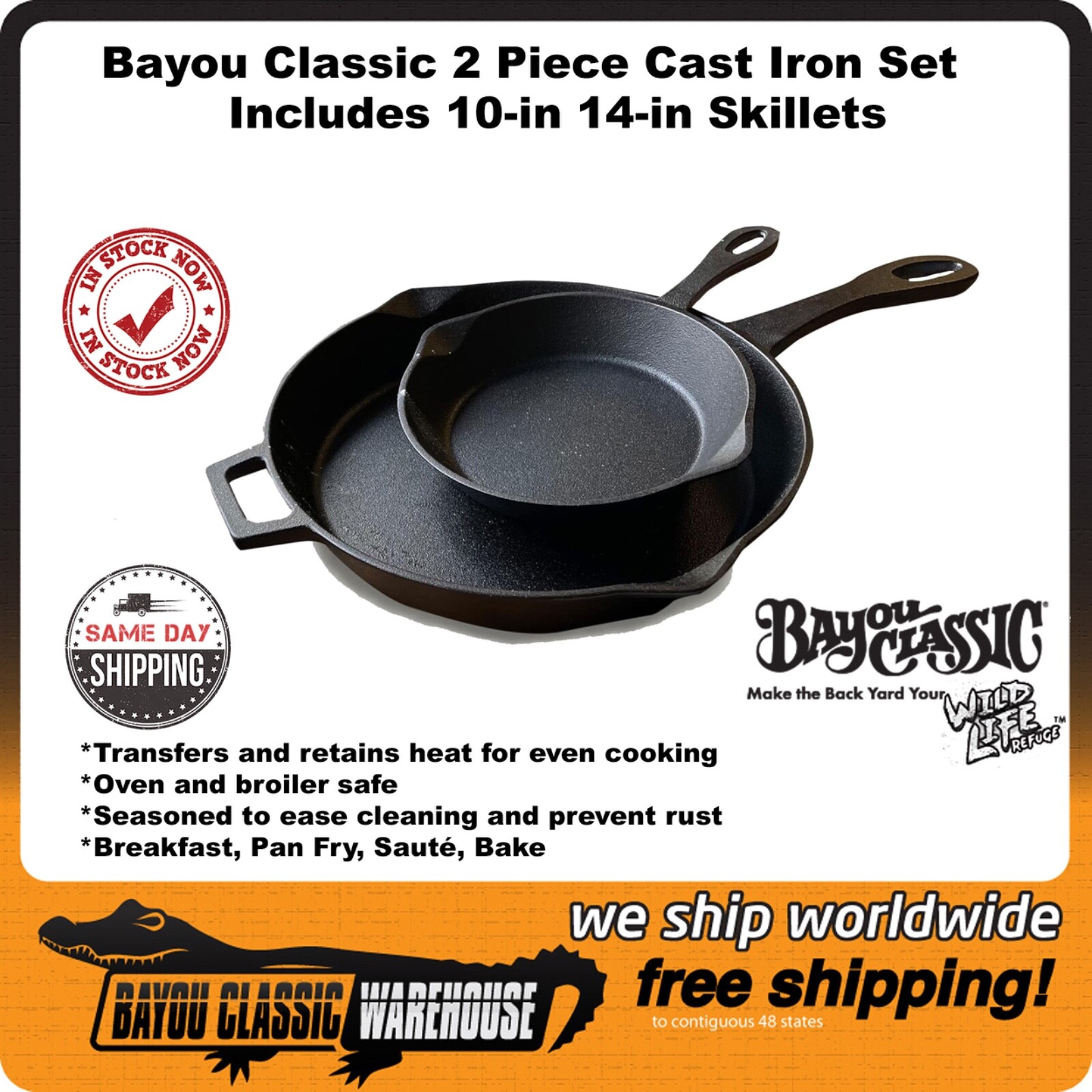 2 Piece Cast Iron Skillet Set 10″ 14″ With Pour Spouts by Bayou Classic 7456