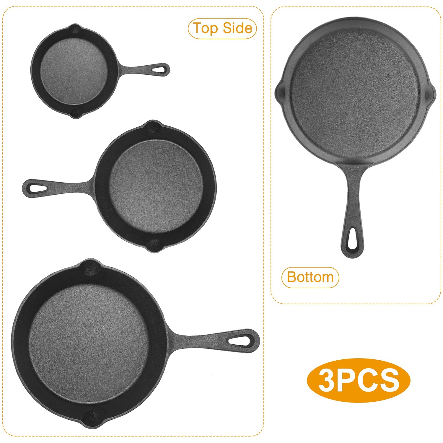Frying Pan -Set of 3 Cast Iron Skillet w/ 10”/8”/6” Sizes -Nonstick Cookware