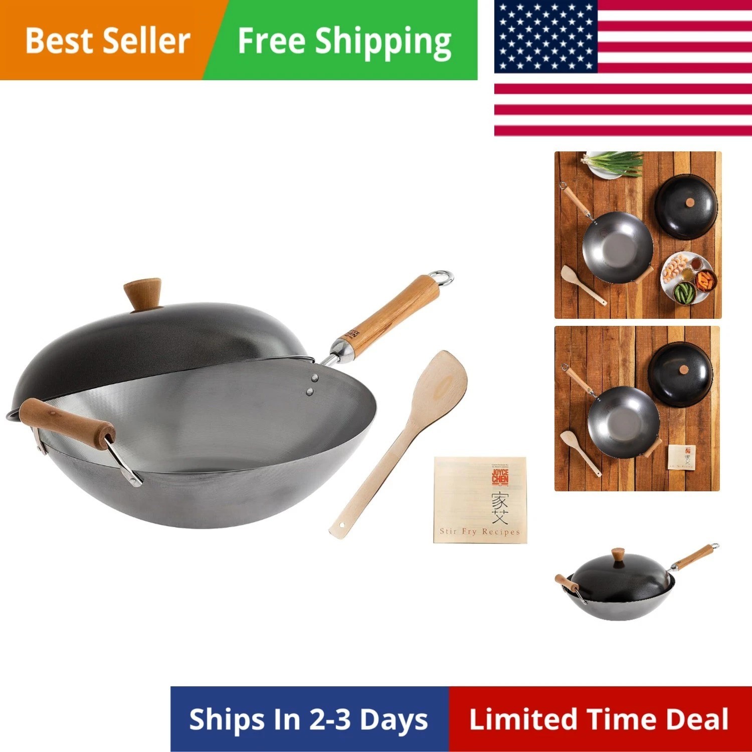 Classic Series 14-Inch Uncoated Carbon Steel Wok Set with Lid and Birch Handl…