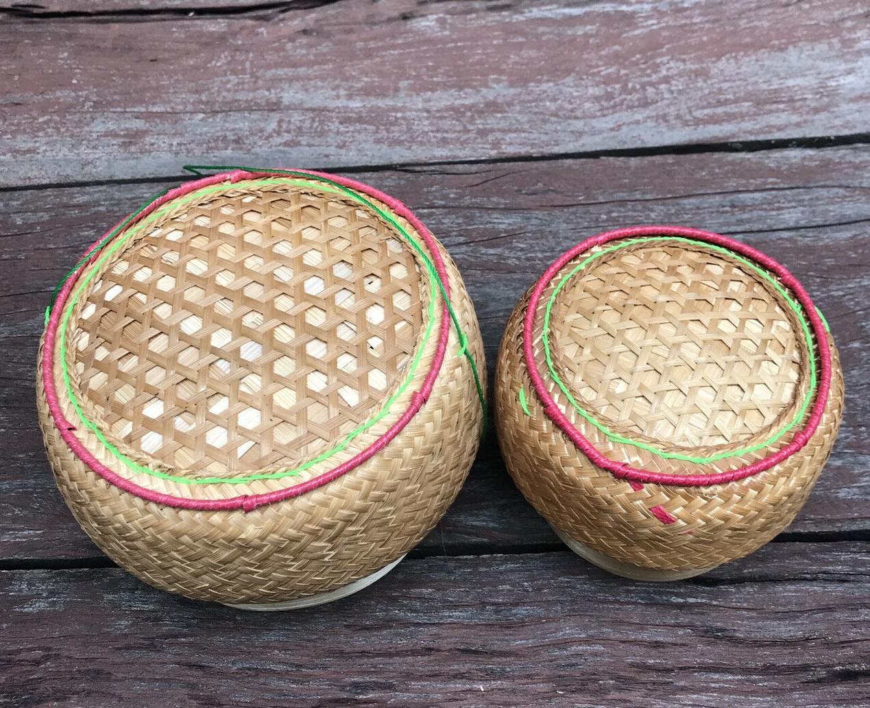 Vintage Thai Handicraft Kratip Sticky Rice Serving Natural Brown Bamboo Basket