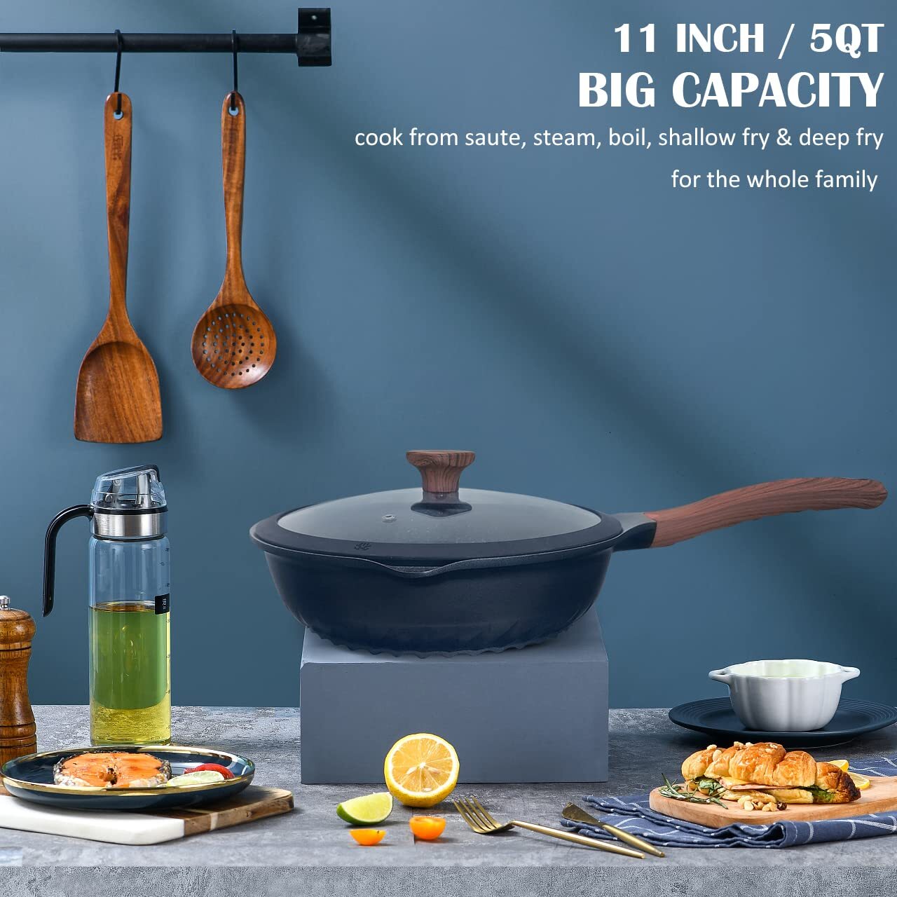Vinchef Nonstick Deep Frying Pan Skillet with Lid 11in/5Qt Saute Pan German 3…