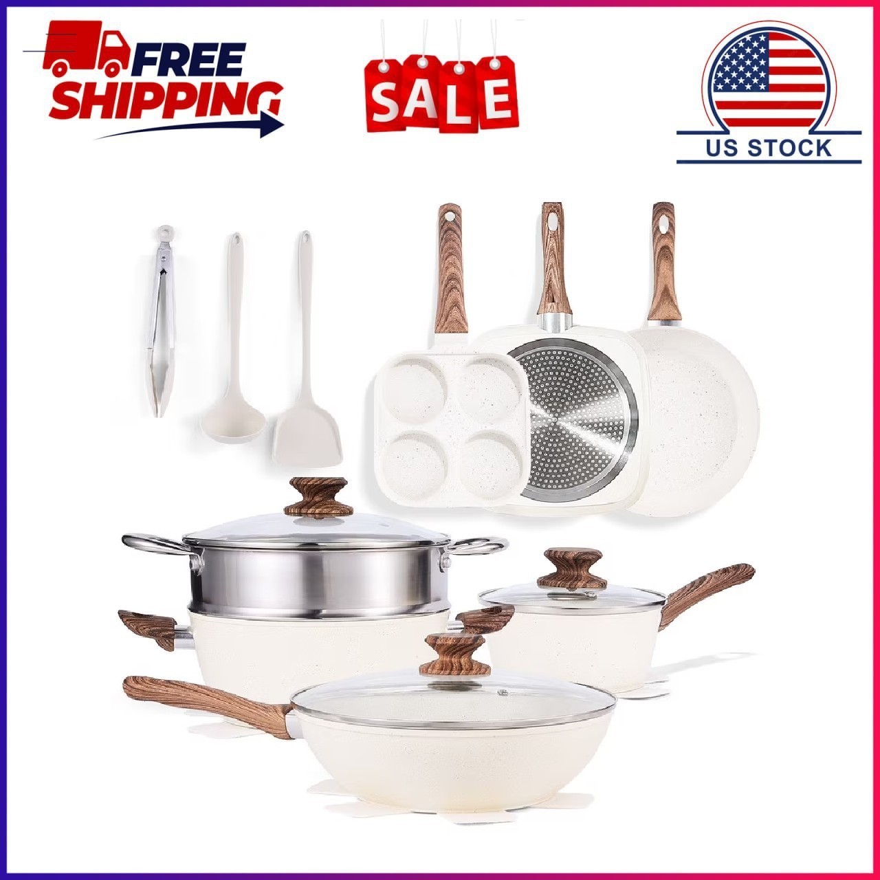 Gianna 17 Pcs Non-Stick Pots and Pans, Non-toxic Kitchen Cooking Set with Stay-C