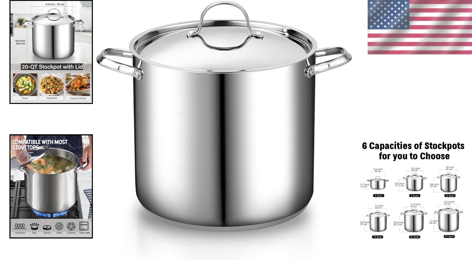 18/10 Stainless Steel 20-Qt Stockpot, Even Heat Distribution