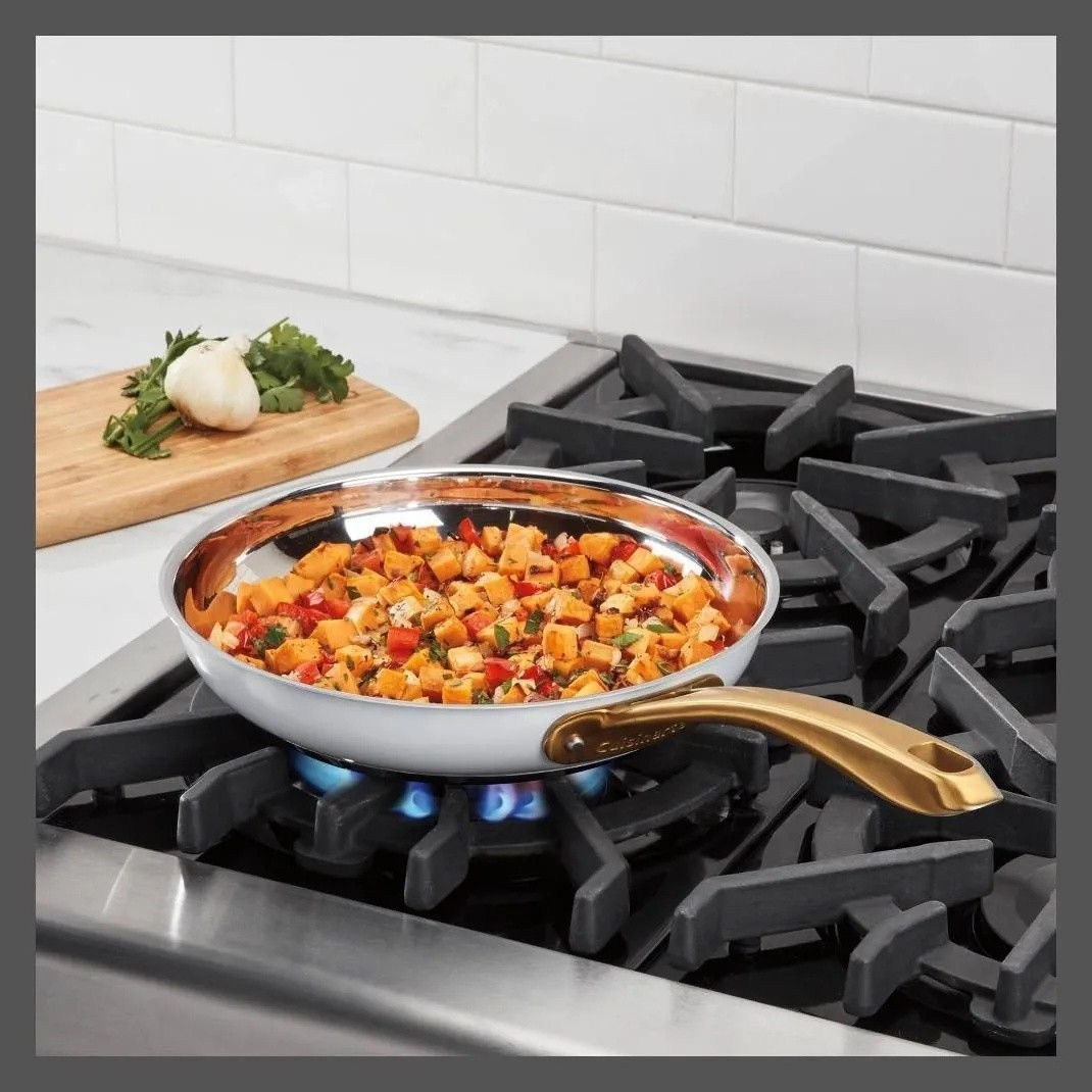 Cuisinart Stainless Steel Skillet 500F 1.9QT Matte White 10″ Gold Cookware