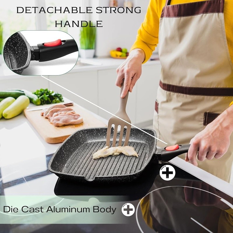 Nonstick Grill Pan W/ Detachable Handle Indoor BBQ Cooking on All Stovetops New