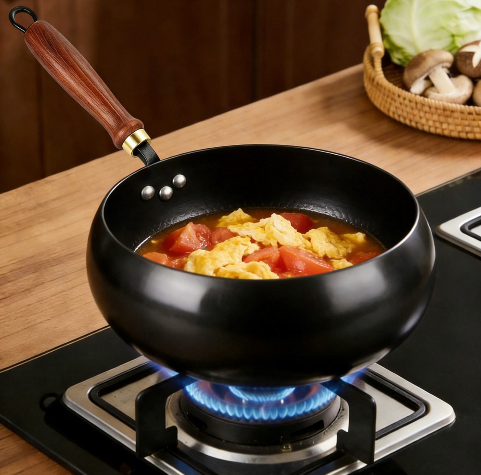 24cm Hand-Forged Hammered Wok for Chinese Stir-Fry, Pan-Fry, Deep-Fry, Braise